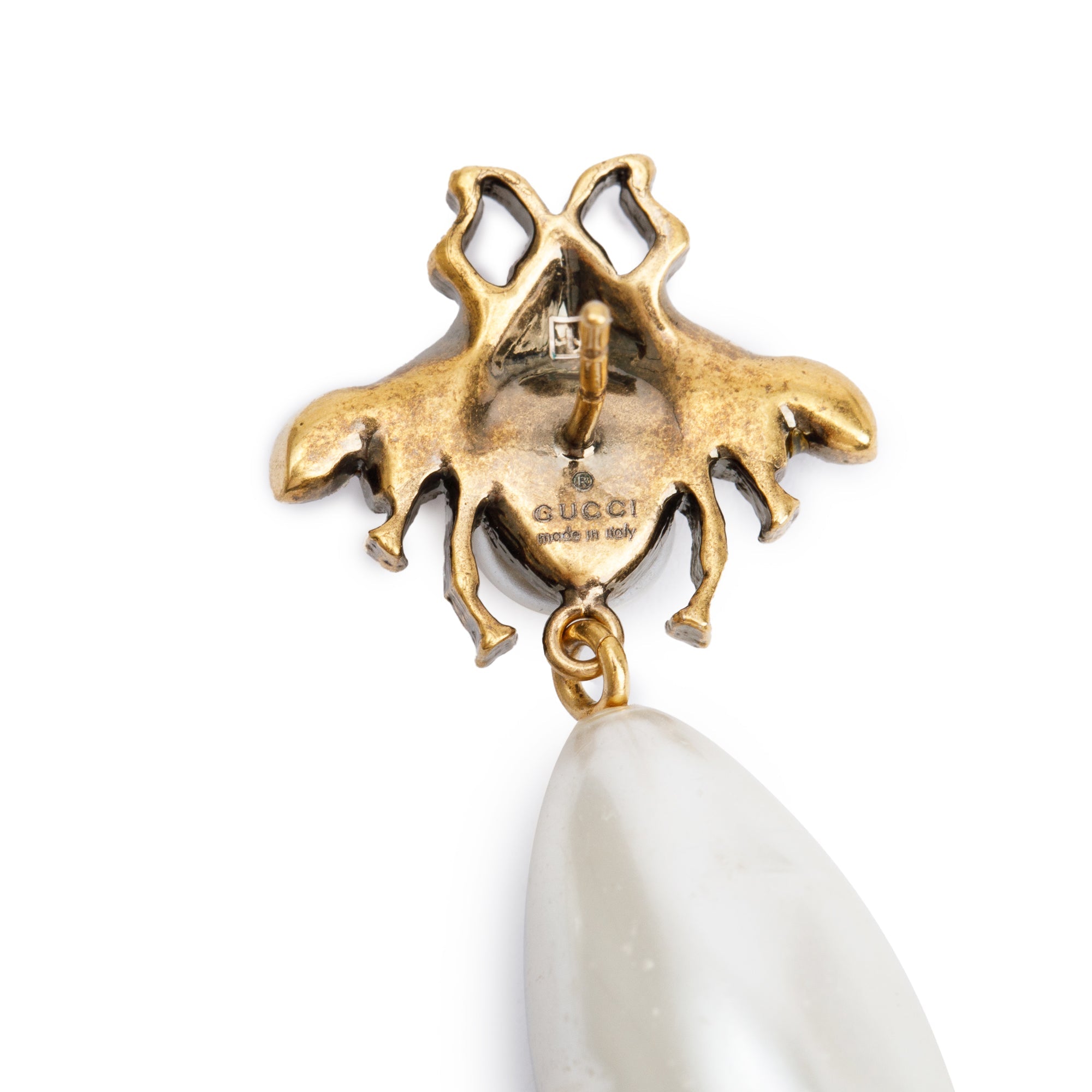 Gucci Aged Gold-Plated Faux Pearl Bee Drop Earrings