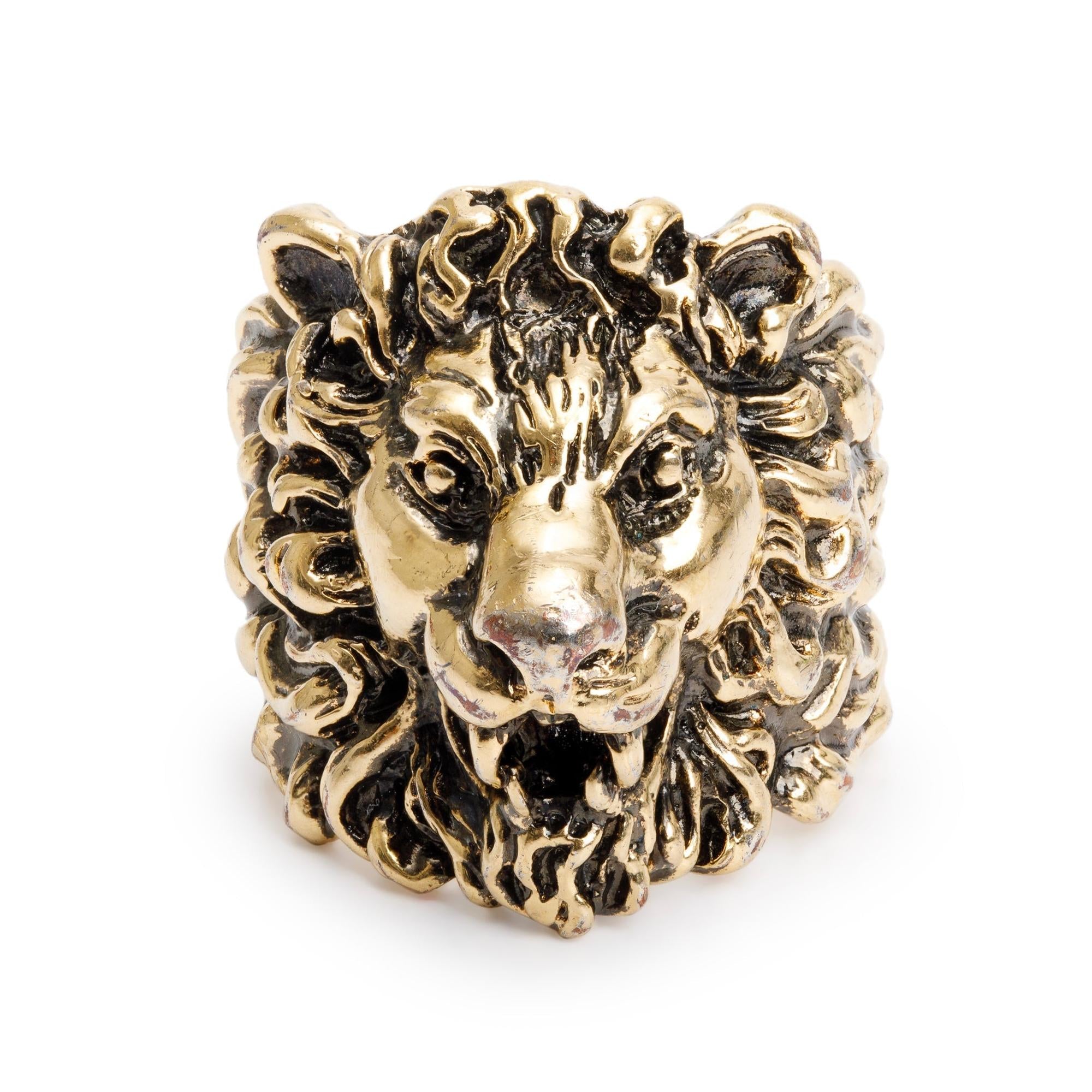 Gucci Aged Gold Plated Metal Lion Head Ring, Size 25 11.5