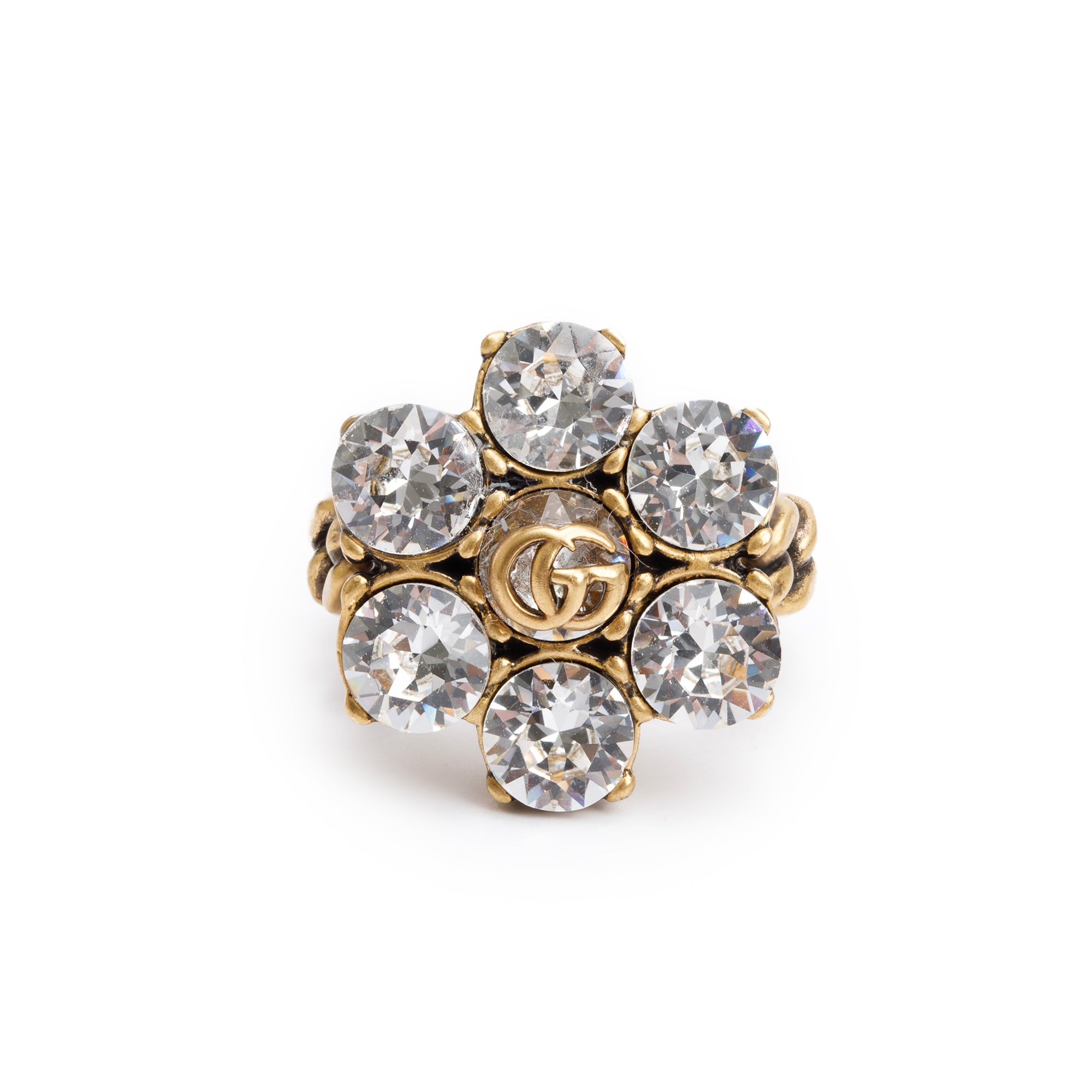 Gucci Aged Gold Tone Metal Crystal Double G Ring, Size S 6