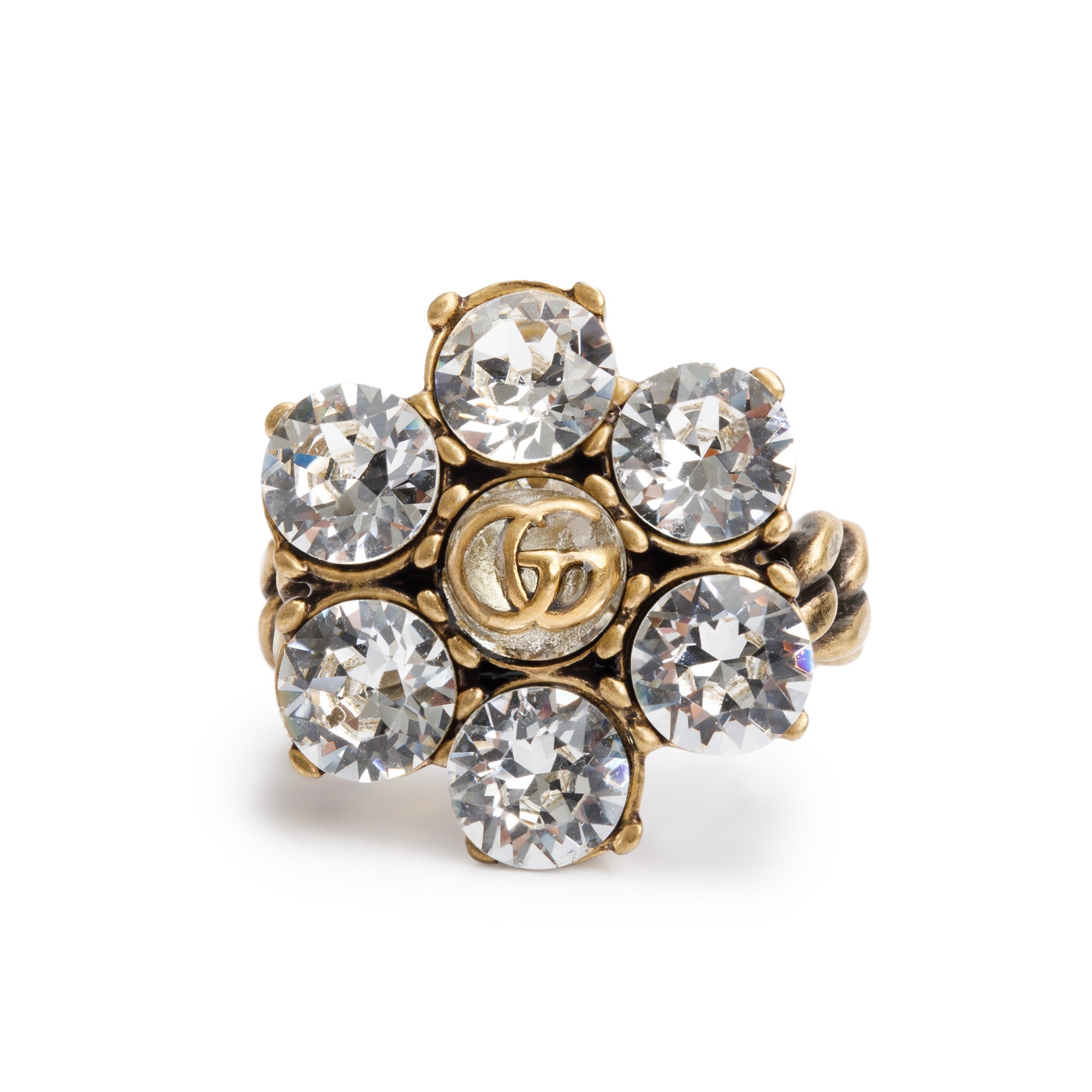 Gucci Aged Gold Tone Metal Crystal Double G Ring, Size S 6