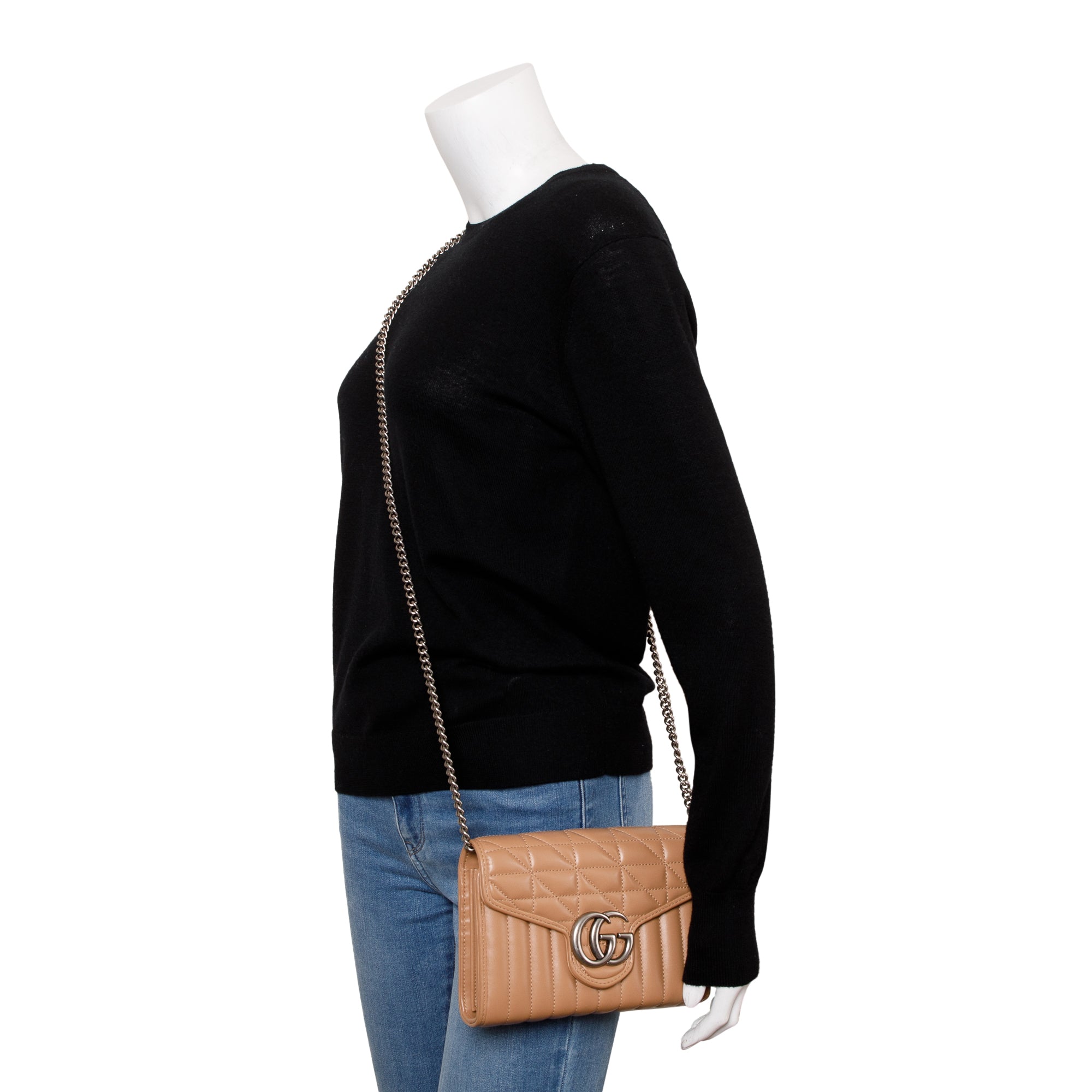 Gucci Beige Calfskin Leather GG Marmont Matelasse Mini Bag w/ Box