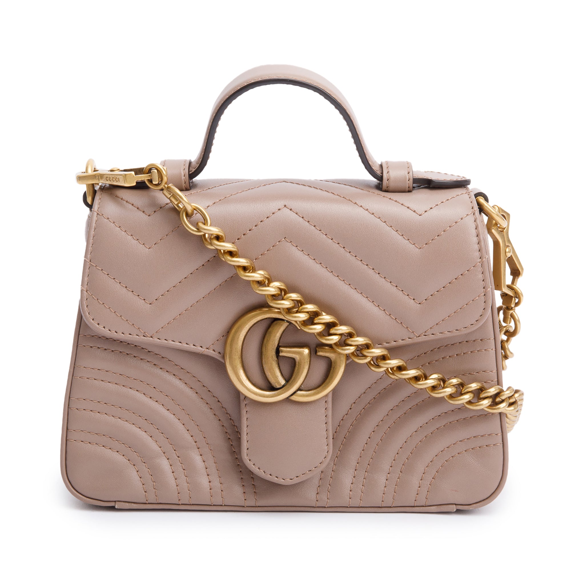 Gucci Beige Calfskin Matelasse GG Marmont Mini Top Handle Shoulder Bag w/ Strap