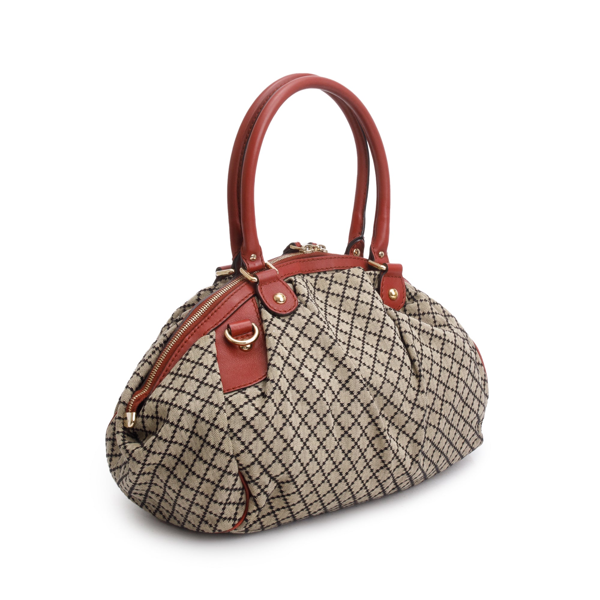 Gucci Beige Diamante Canvas Red Leather Trim Medium Sukey Boston Bag