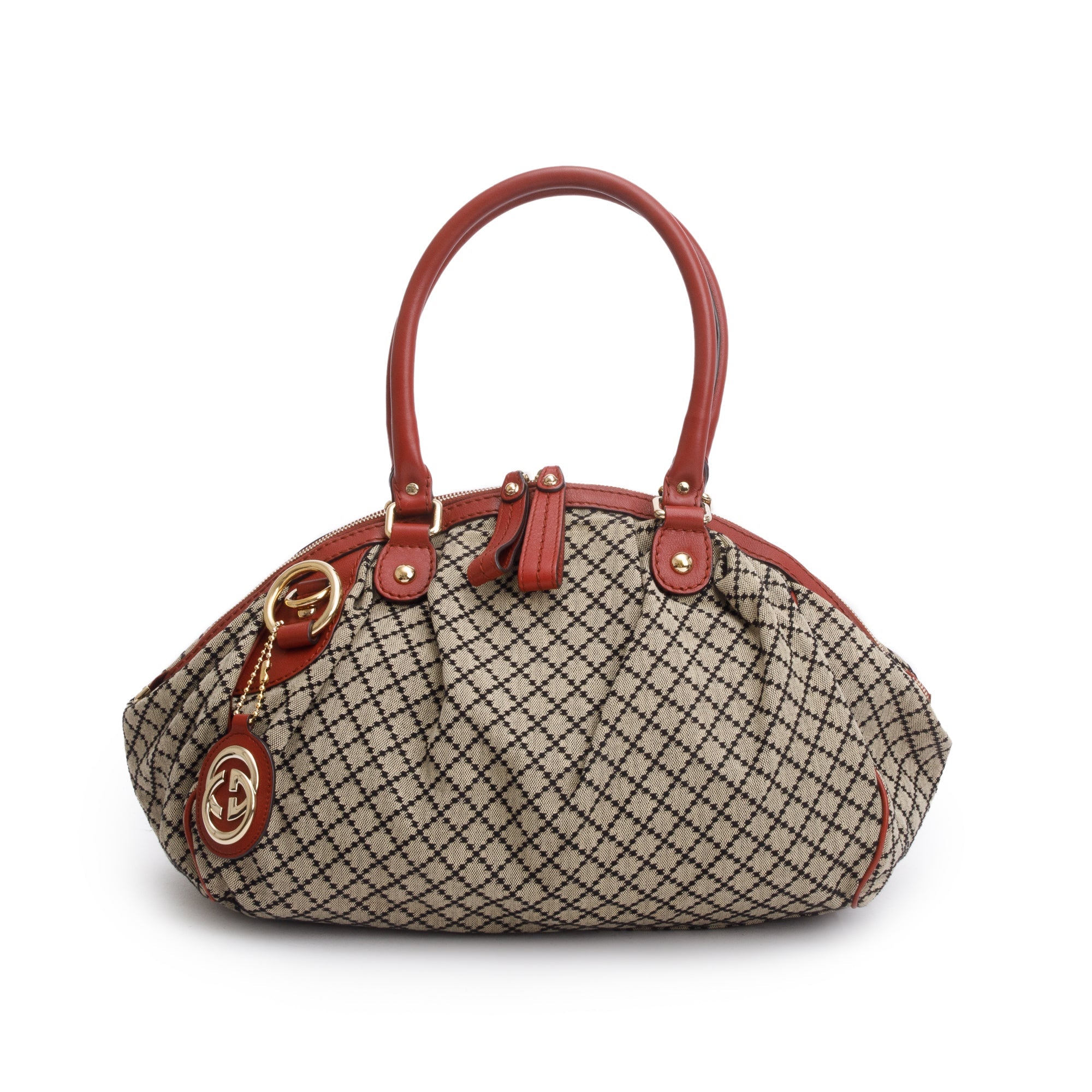Gucci Beige Diamante Canvas Red Leather Trim Medium Sukey Boston Bag