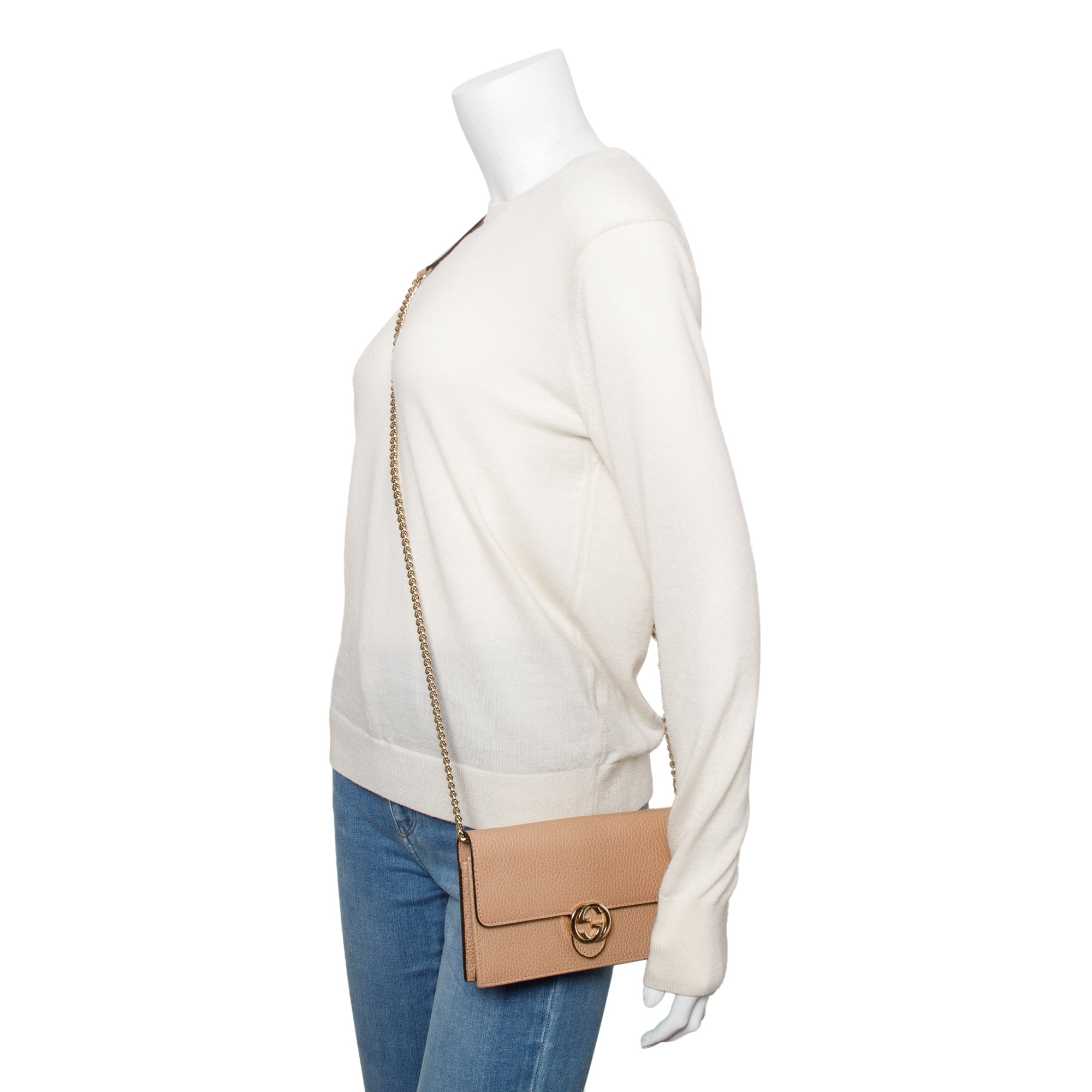 Gucci Beige Dollar Calfskin Leather Interlocking GG Wallet on Chain w/ Box