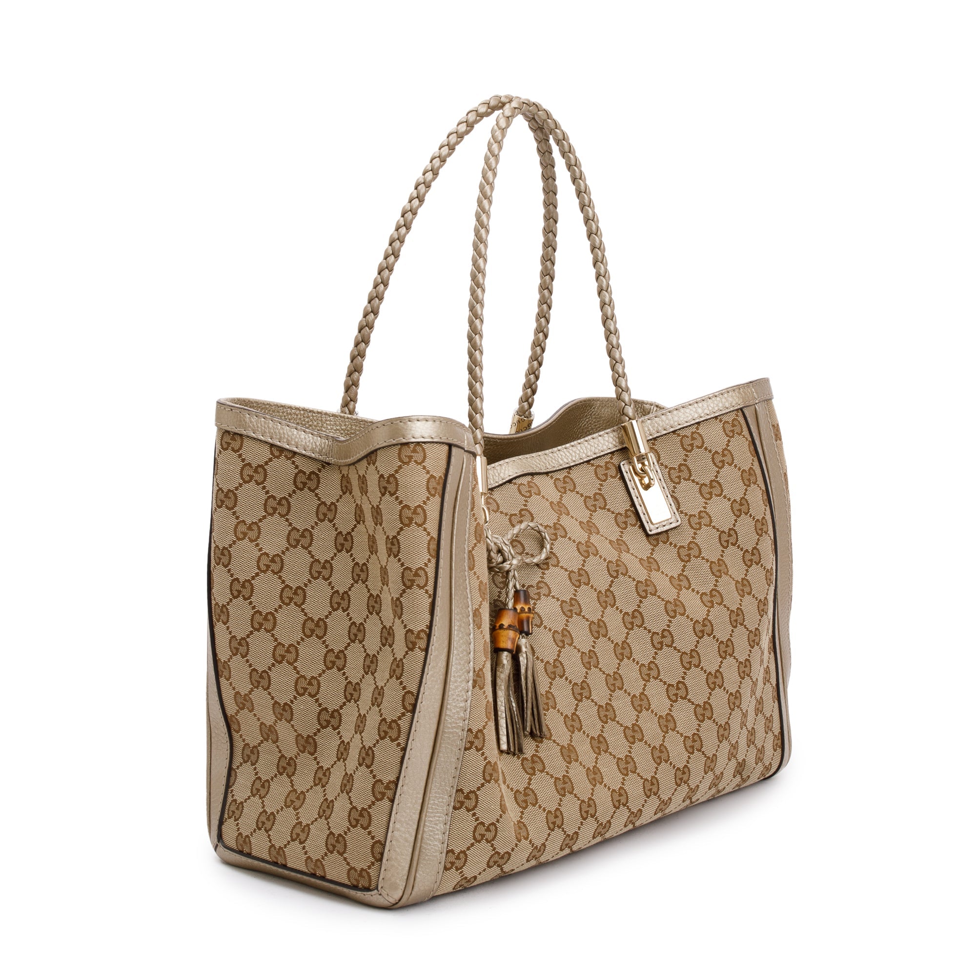 Gucci Beige GG Canvas Gold Leather Trimmed Medium Bella Tote