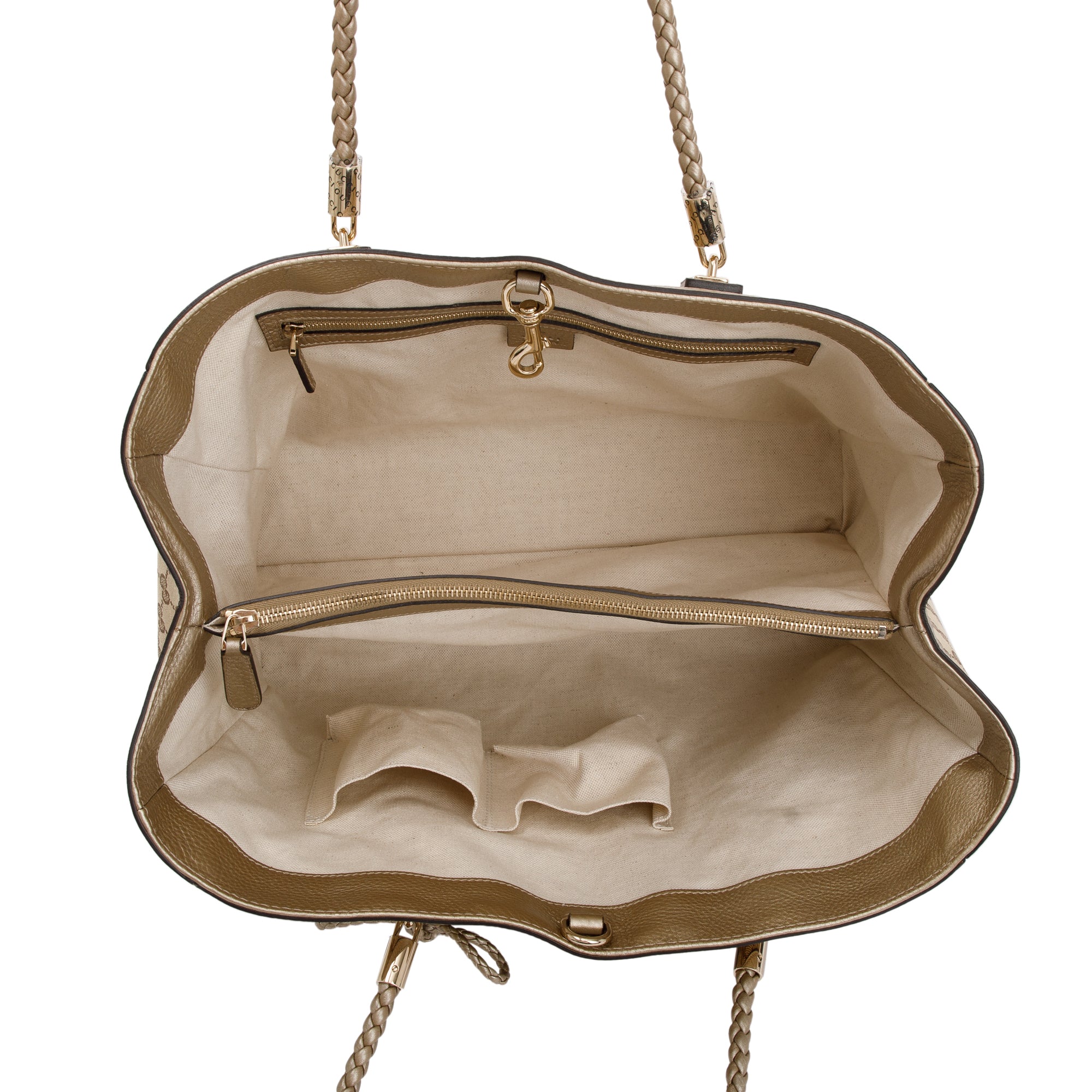 Gucci Beige GG Canvas Gold Leather Trimmed Medium Bella Tote