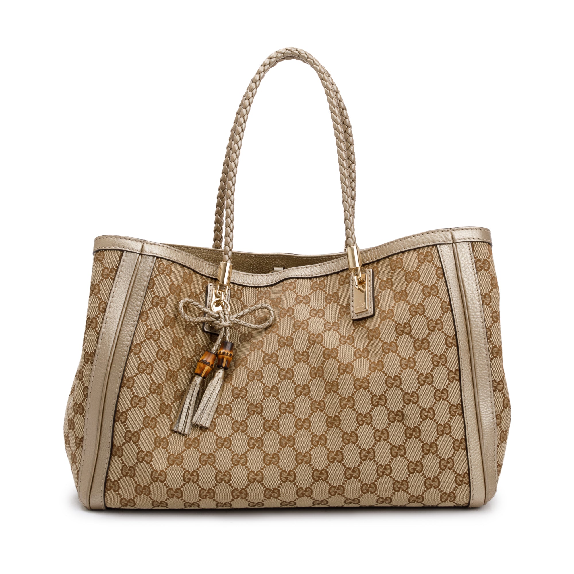 Gucci Beige GG Canvas Gold Leather Trimmed Medium Bella Tote