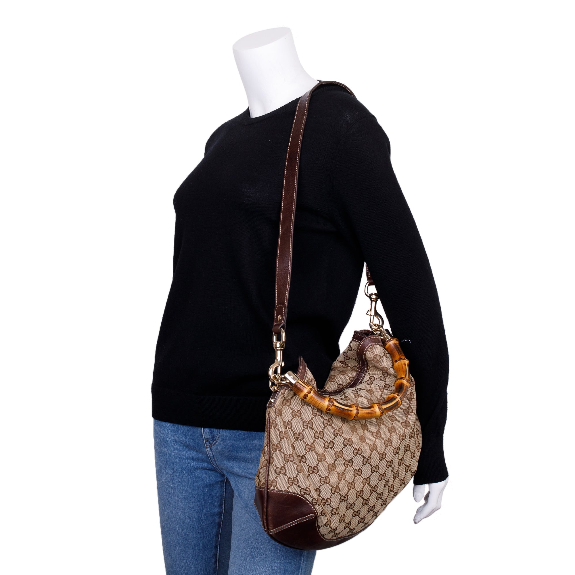 Gucci Beige GG Canvas Medium Peggy Bamboo Top Handle Bag w/ Strap