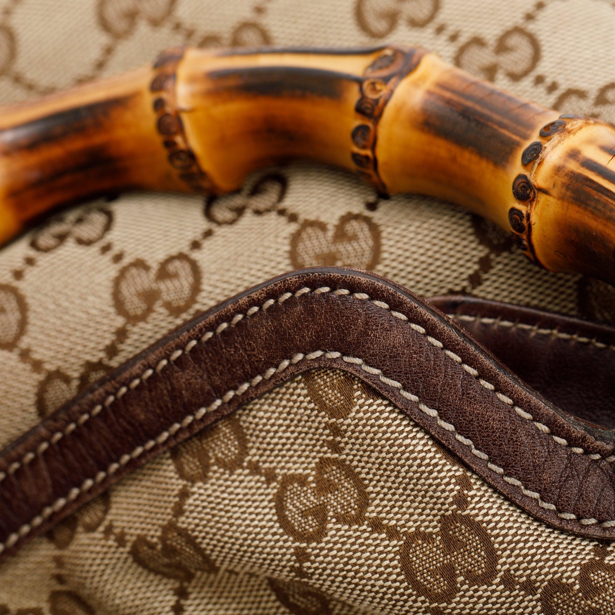 Gucci Beige GG Canvas Medium Peggy Bamboo Top Handle Bag w/ Strap