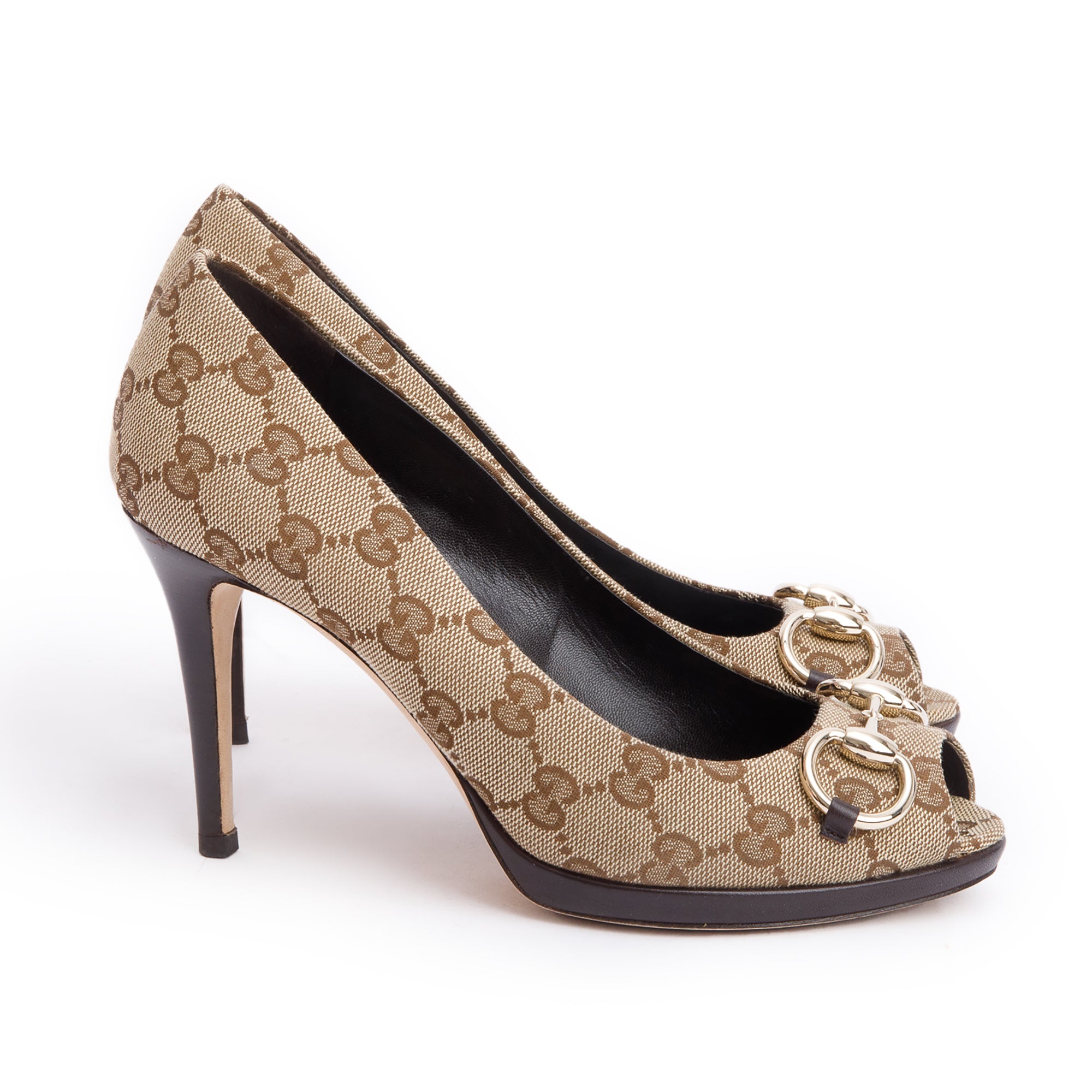 Gucci Beige GG Canvas New Hollywood Horsebit Peep-Toe Pumps, Size 37 w/ Box