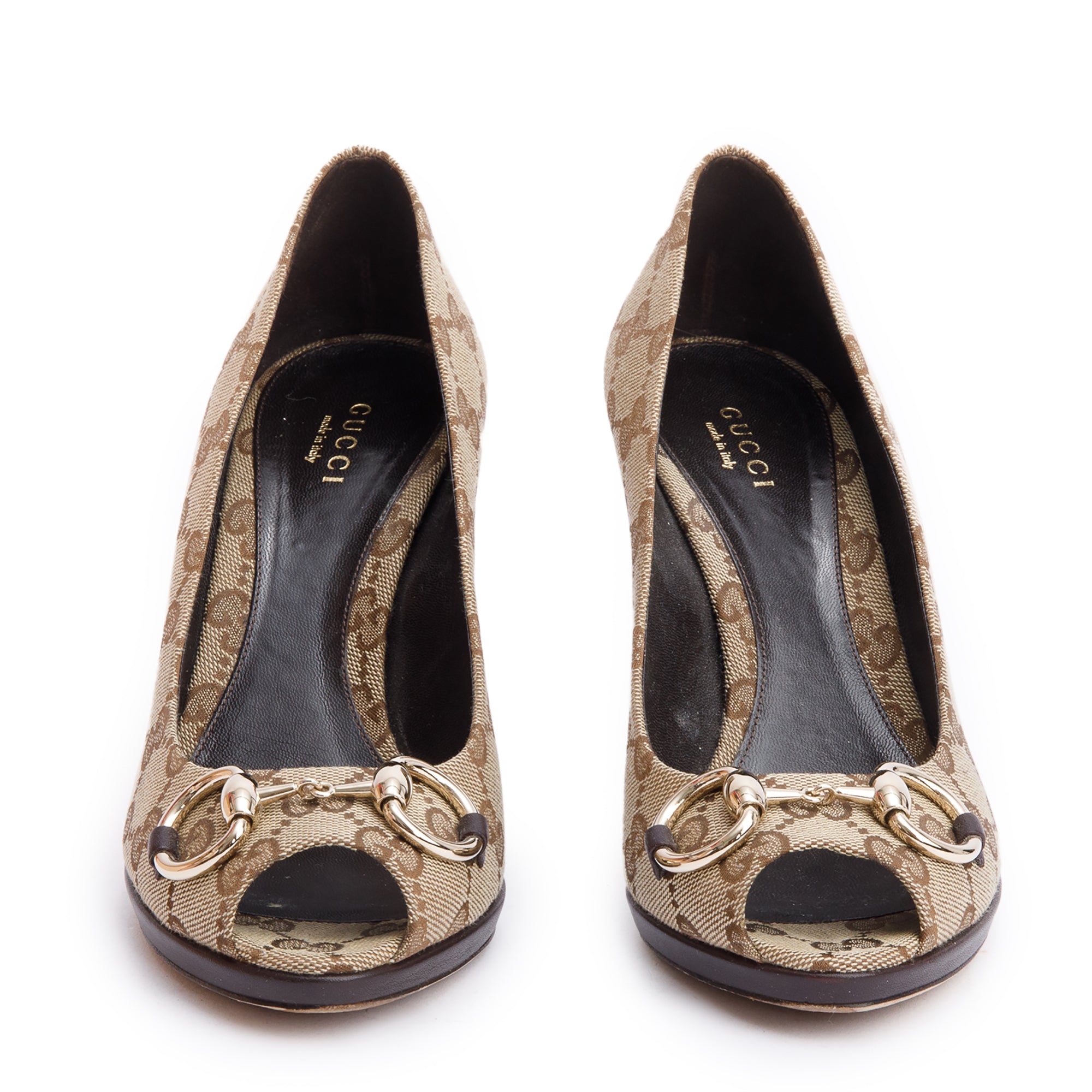 Gucci Beige GG Canvas New Hollywood Horsebit Peep-Toe Pumps, Size 37 w/ Box