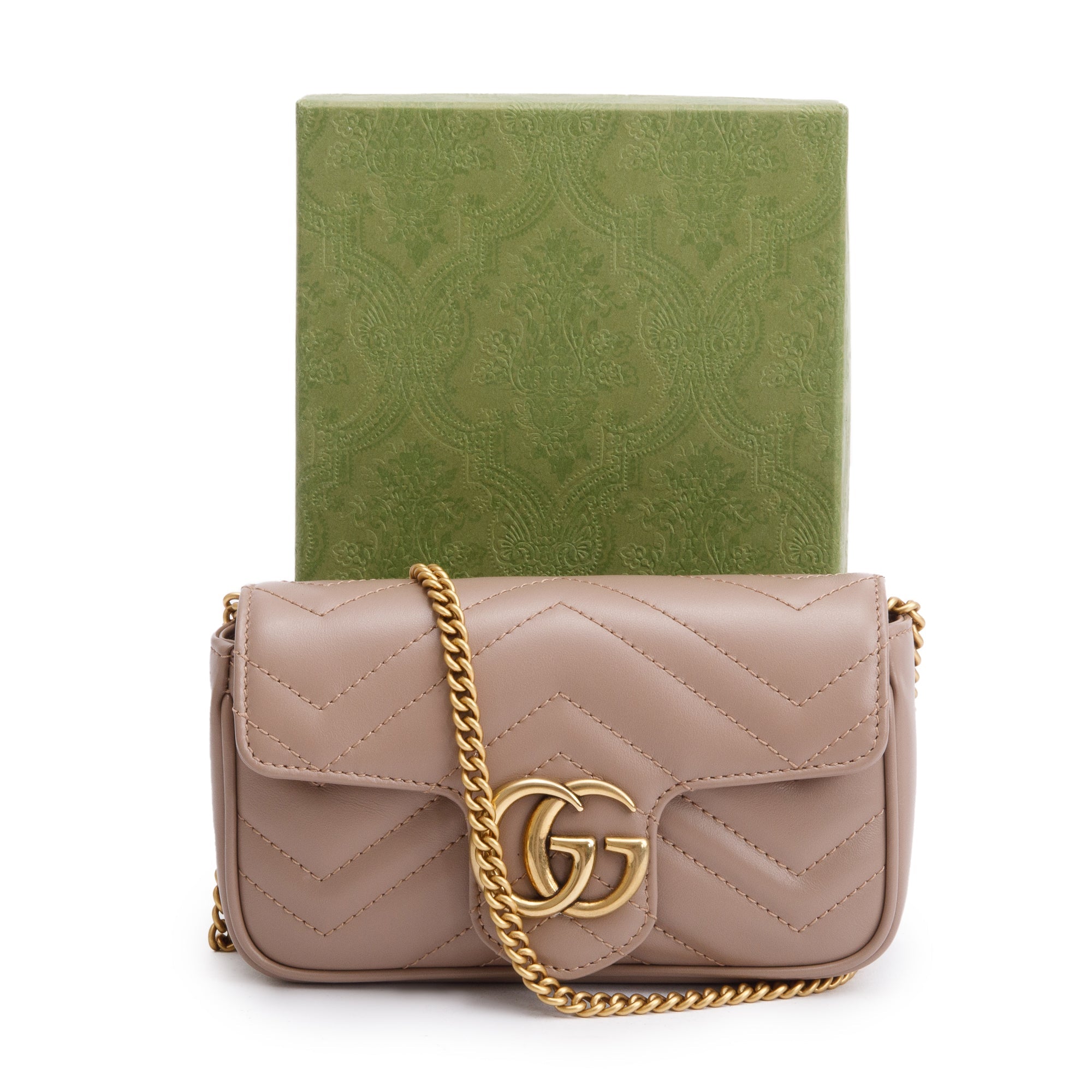 Gucci Beige GG Marmont Matelasse Leather Super Mini Bag w/ Box