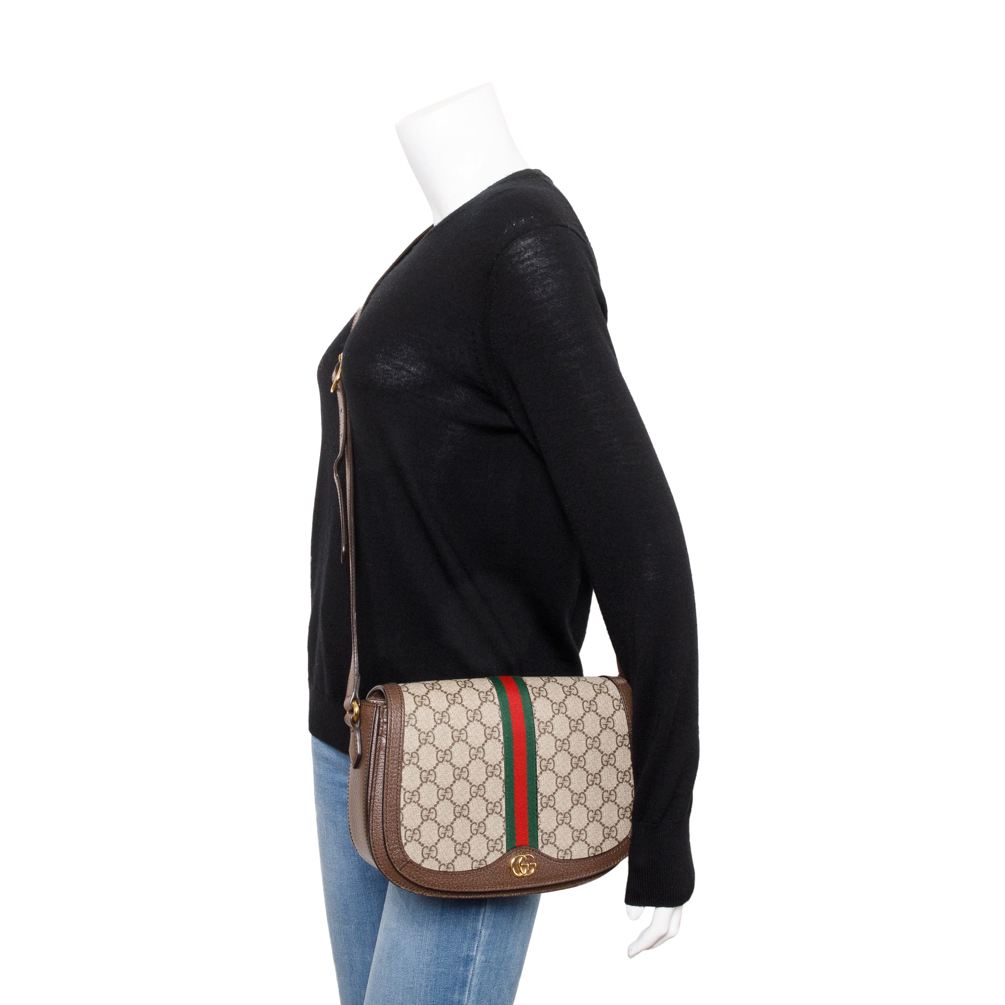 Gucci Beige GG Supreme Web Small Ophidia Flap Messenger Bag w/ Box