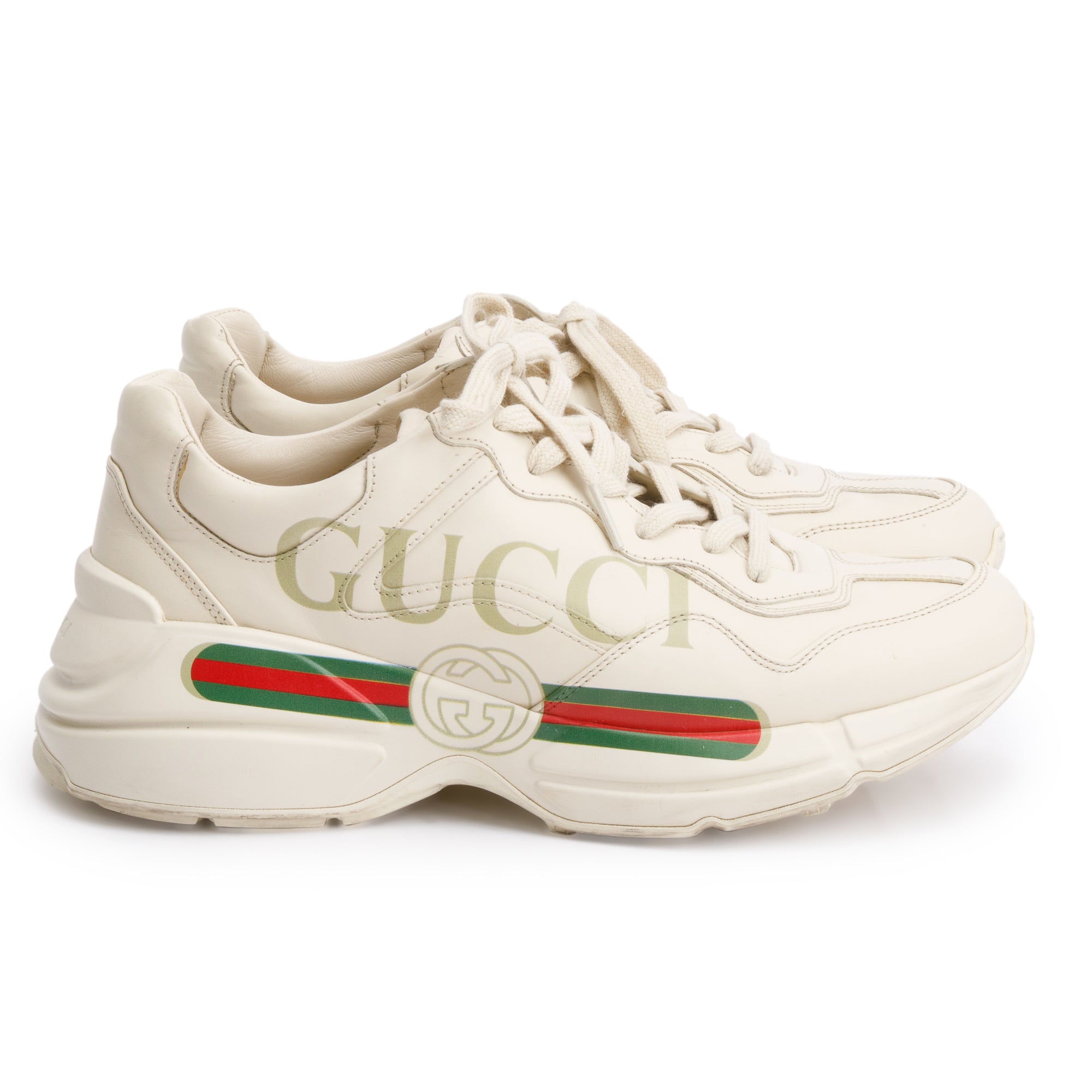 Gucci Beige Leather Men's Rhyton Gucci Logo Sneakers, Size 37.5 w/ Box