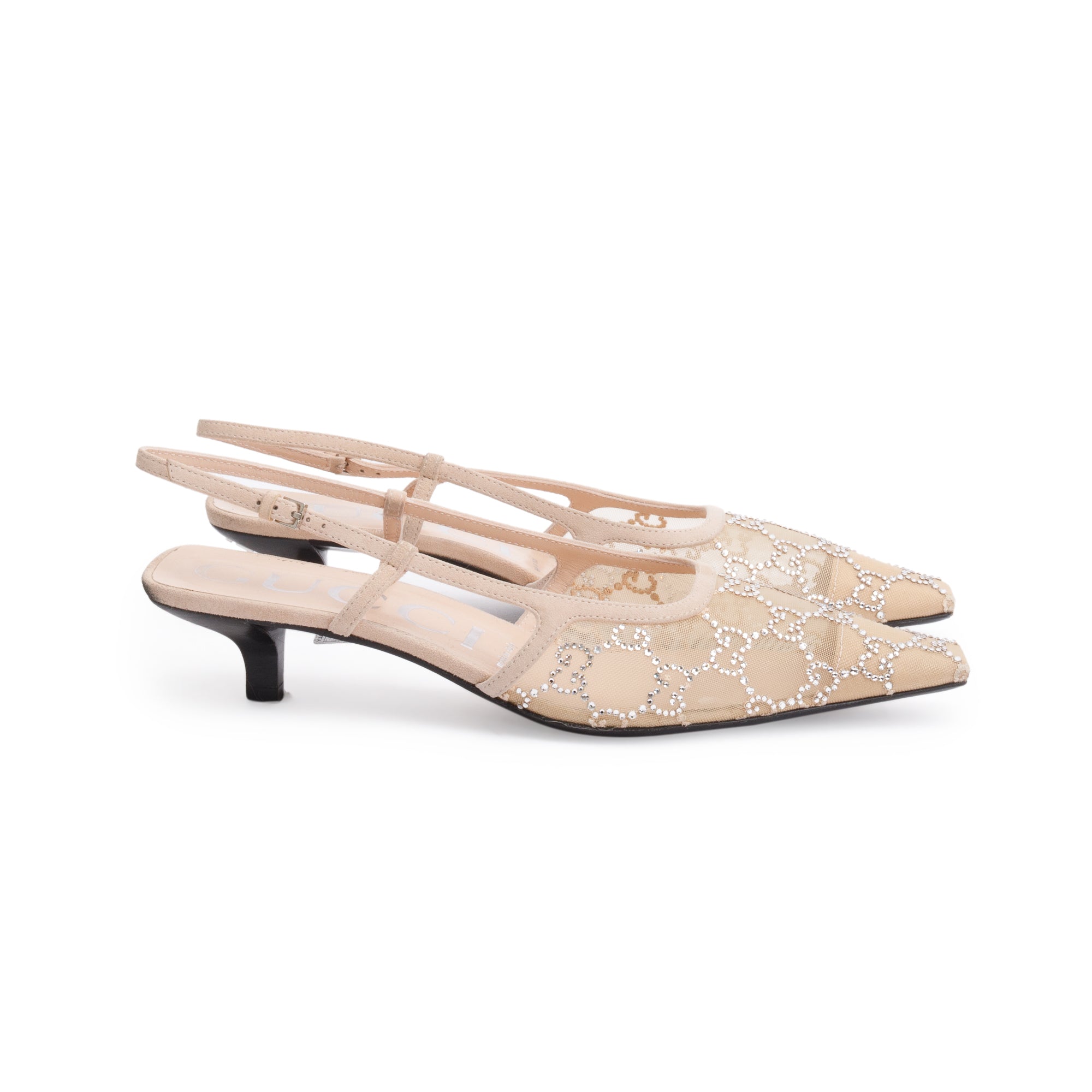 Gucci Beige Mesh & Suede GG Crystal Slingback Ballet Flats, Size 39 w/ Box