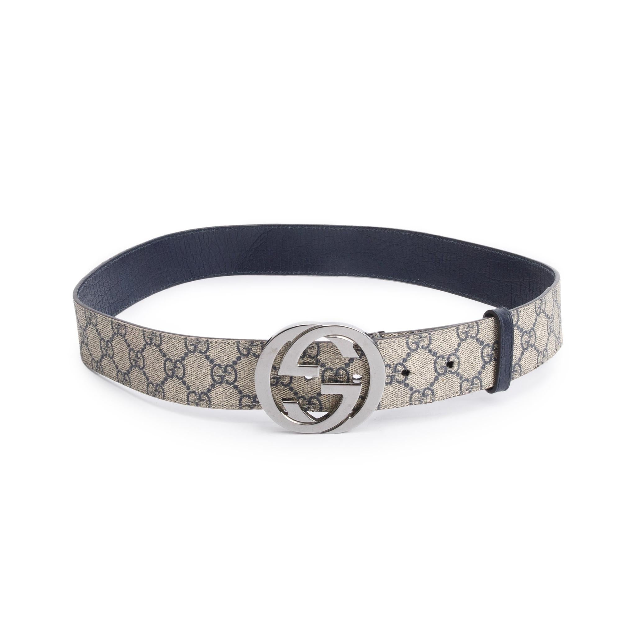 Gucci Beige & Navy GG Supreme Canvas Interlocking G Belt 90 36