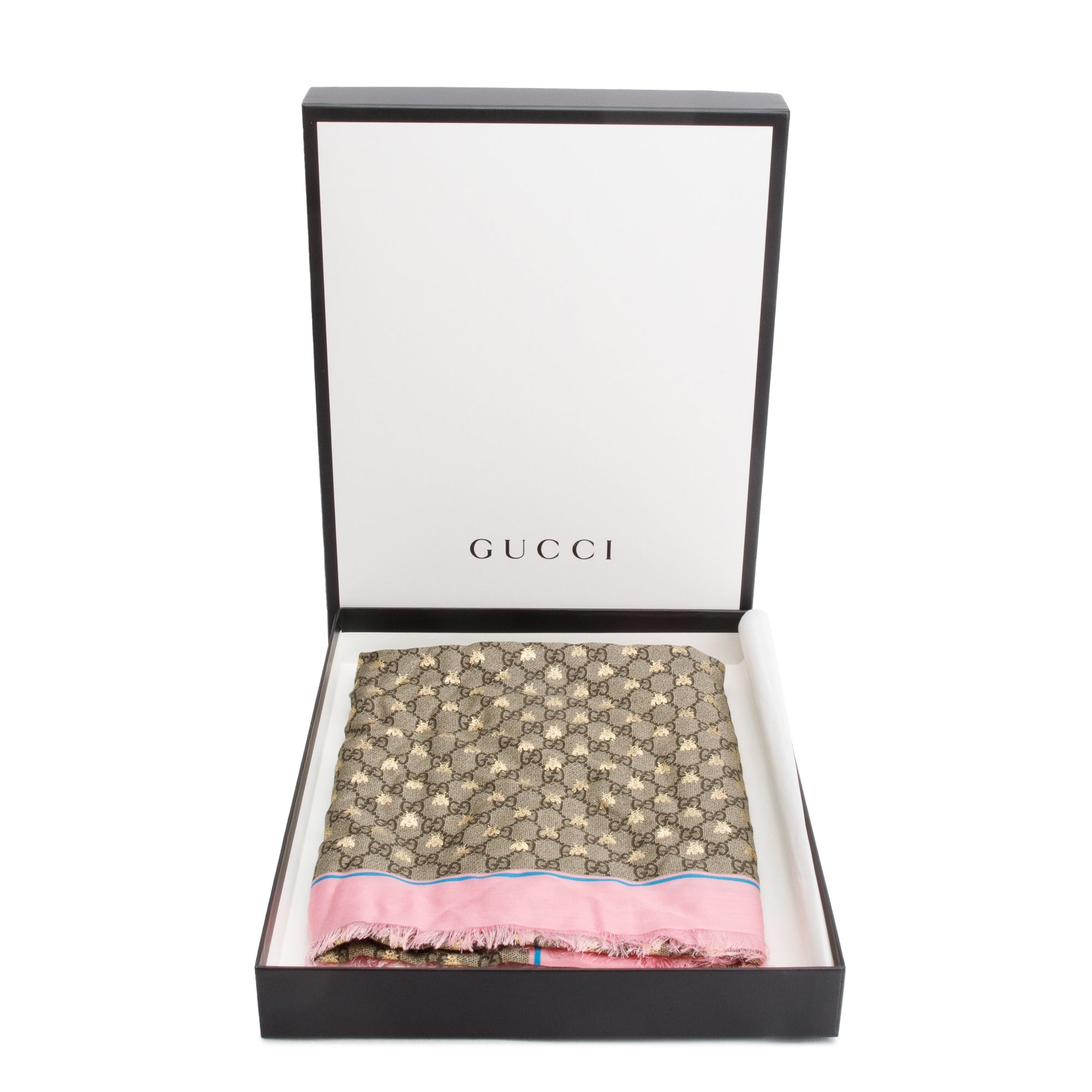 Gucci Beige/ Pink Jacquard GG Bees Silk Shawl Scarf w/ Box
