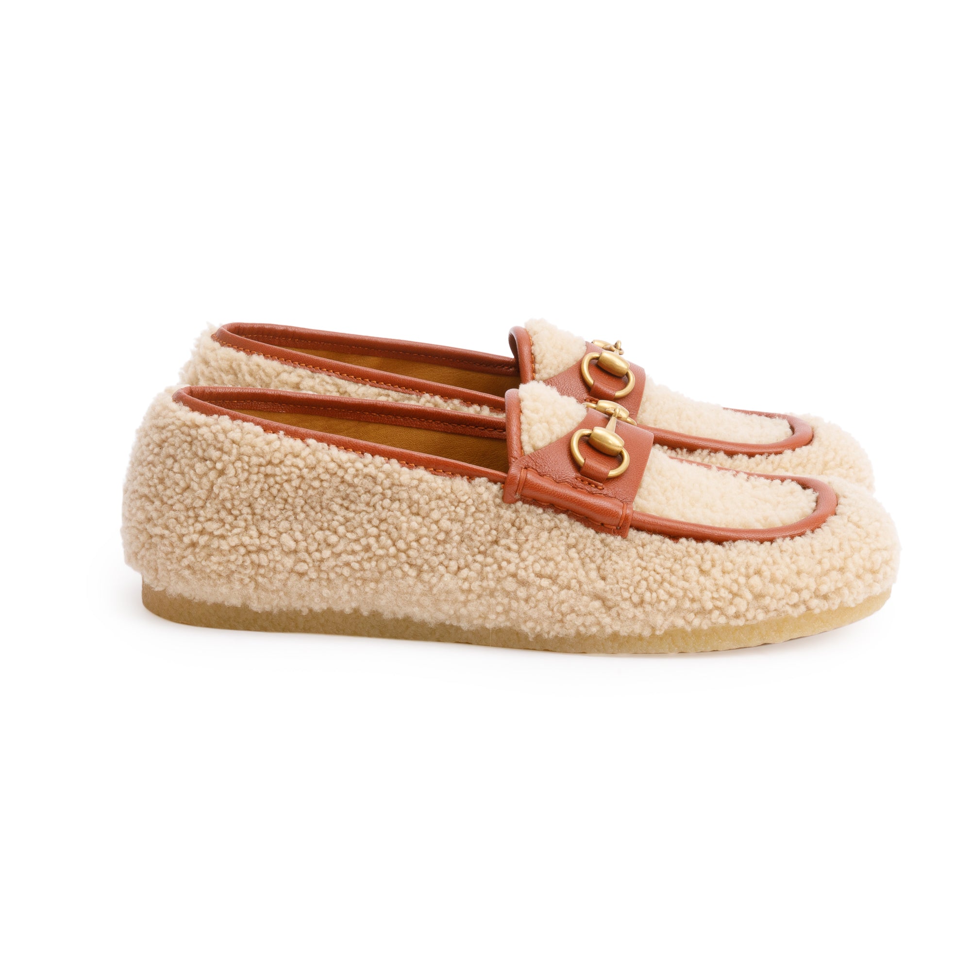 Gucci Beige Shearling Horsebit Accent Loafers, Size 9.5 w/ Box