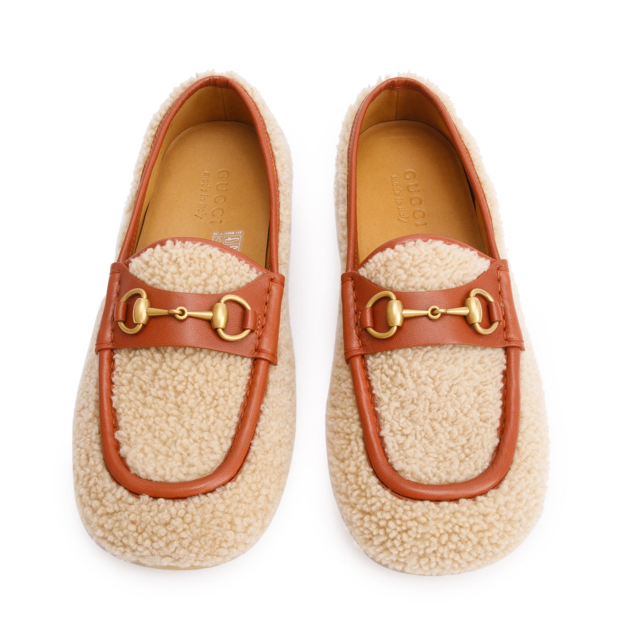 Gucci Beige Shearling Horsebit Accent Loafers, Size 9.5 w/ Box