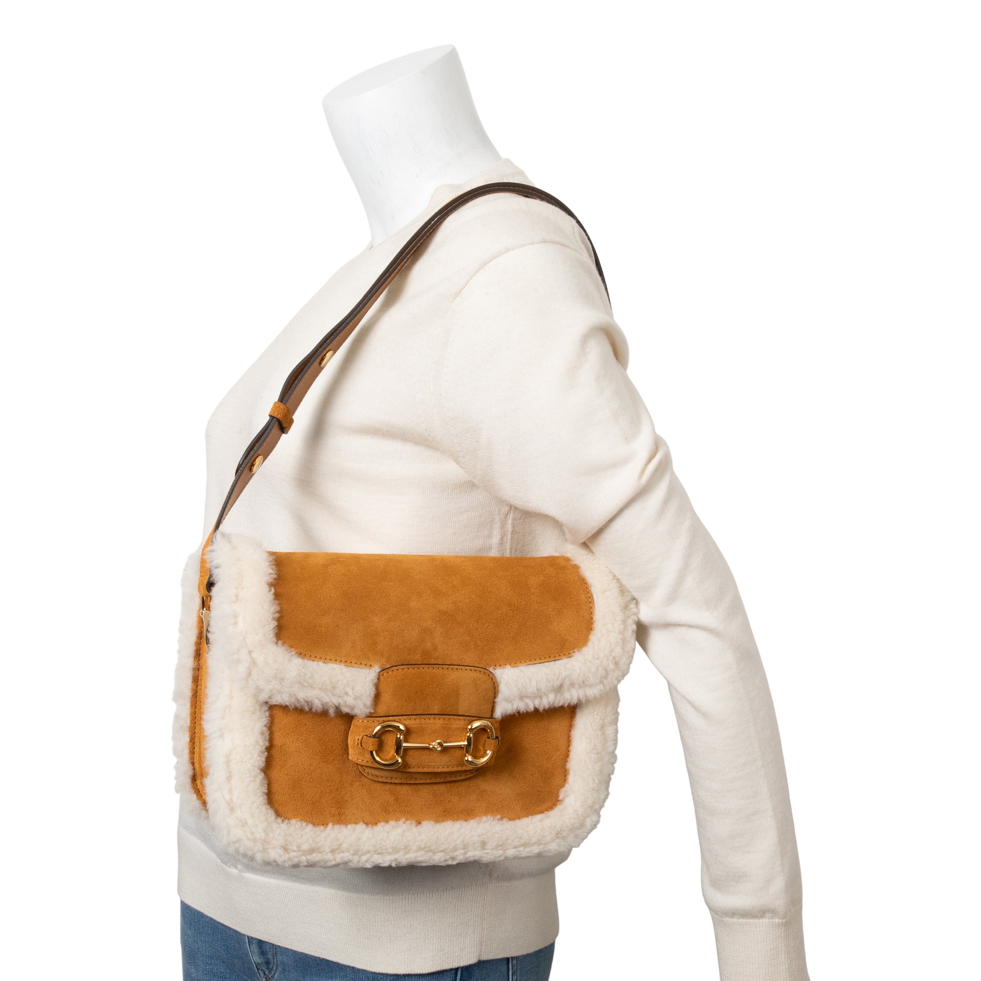 Gucci Beige Suede Shearling Trim Horsebit 1955 Small Shoulder Bag