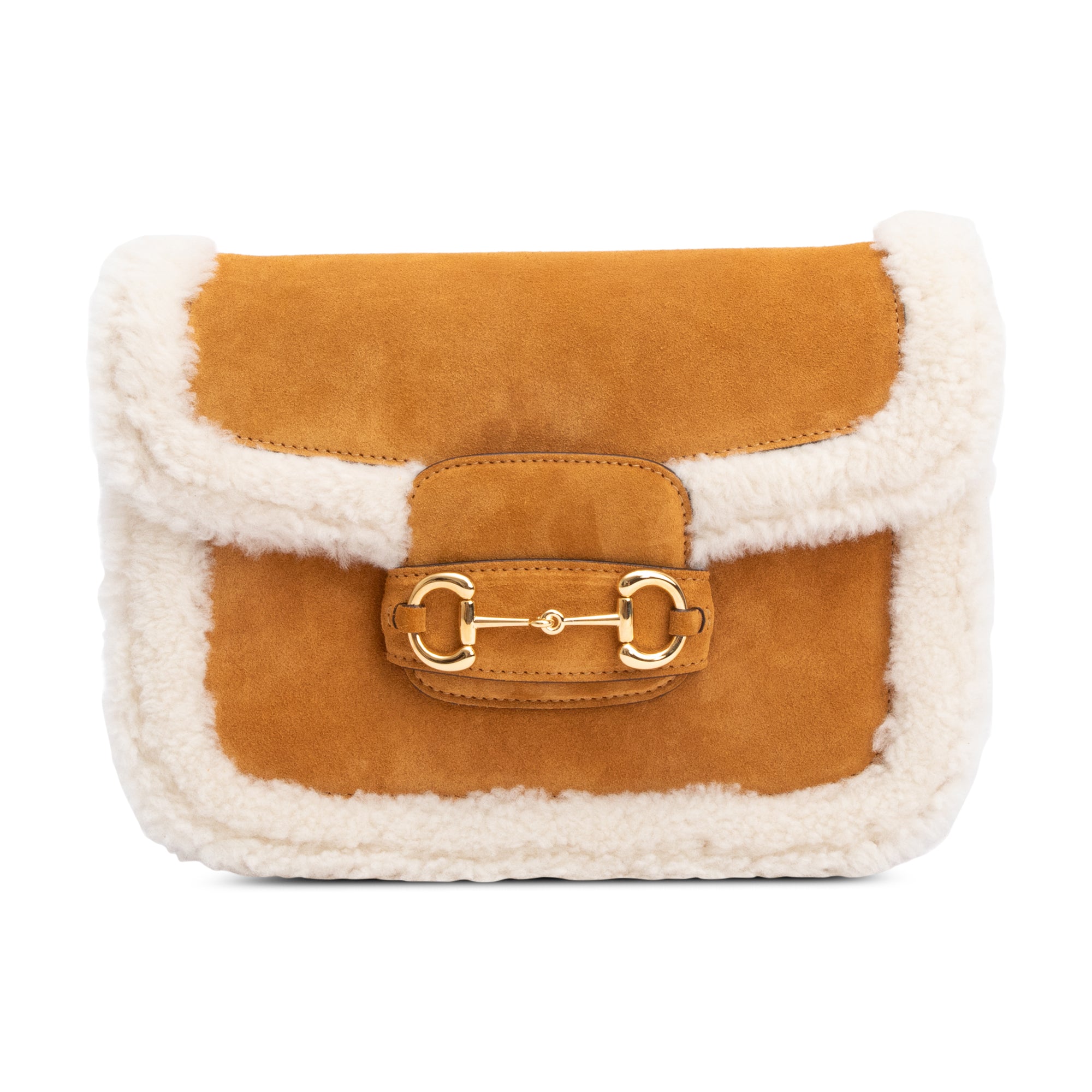 Gucci Beige Suede Shearling Trim Horsebit 1955 Small Shoulder Bag
