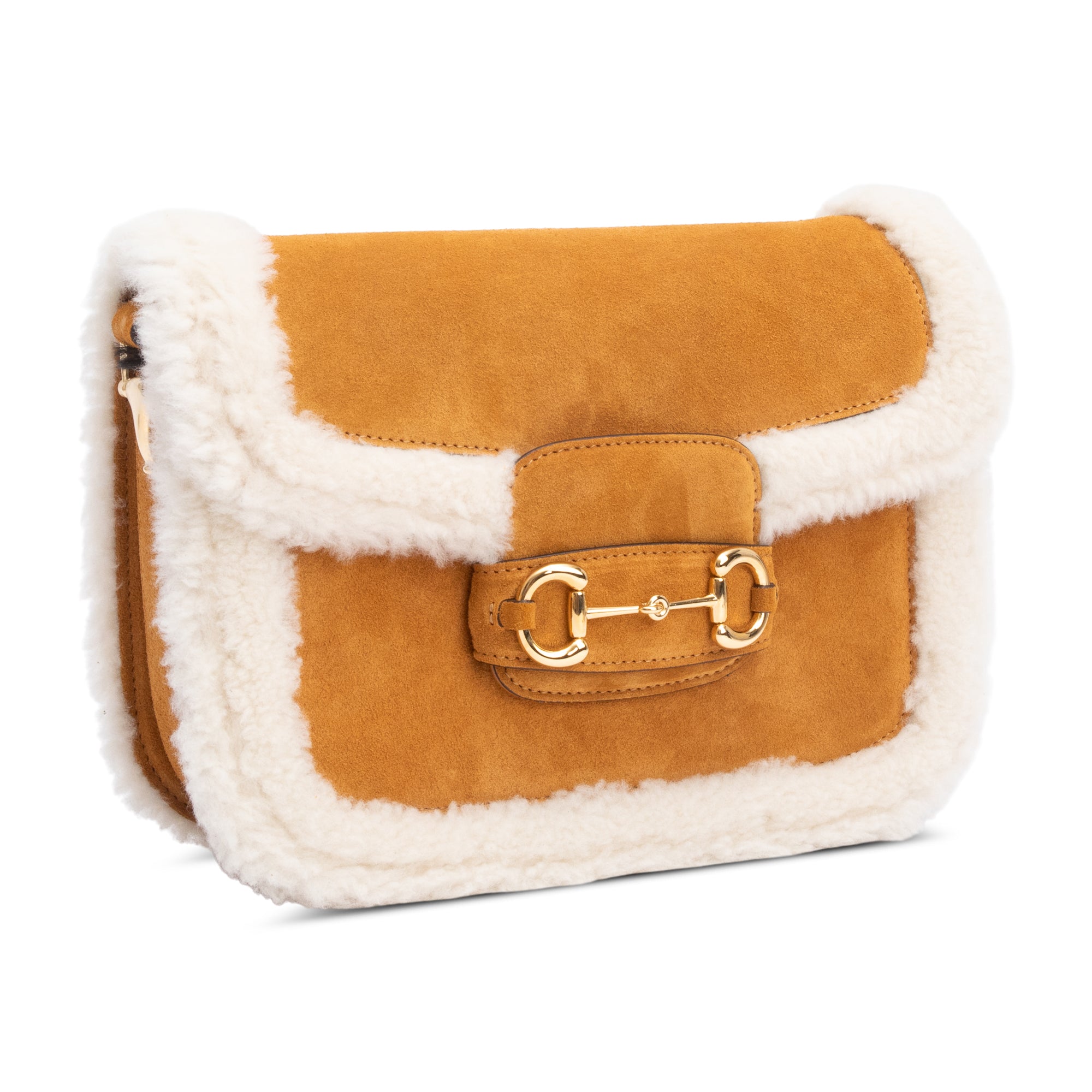 Gucci Beige Suede Shearling Trim Horsebit 1955 Small Shoulder Bag