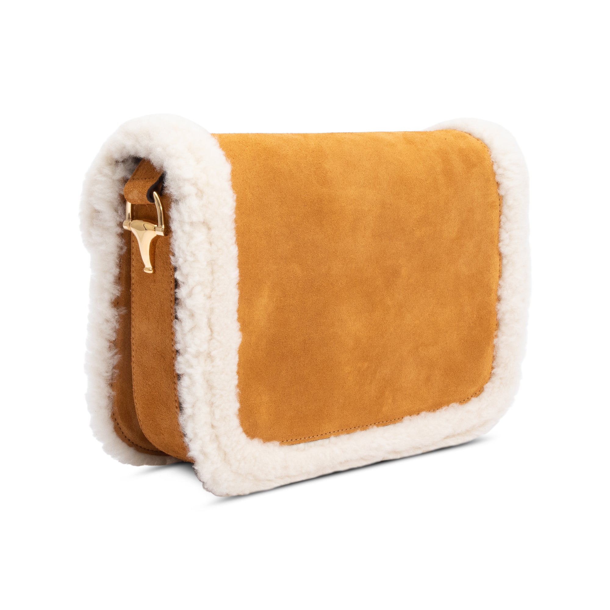 Gucci Beige Suede Shearling Trim Horsebit 1955 Small Shoulder Bag