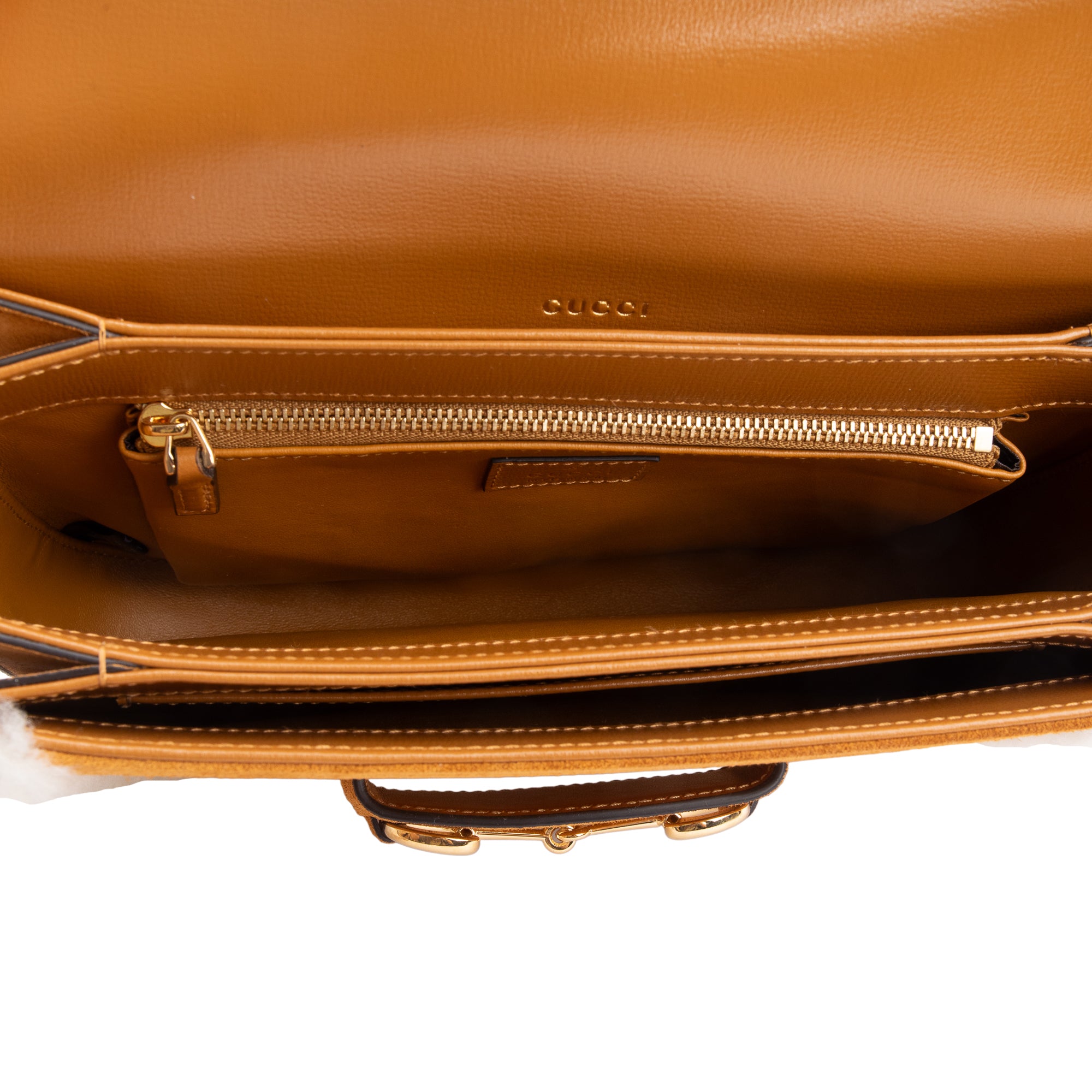 Gucci Beige Suede Shearling Trim Horsebit 1955 Small Shoulder Bag