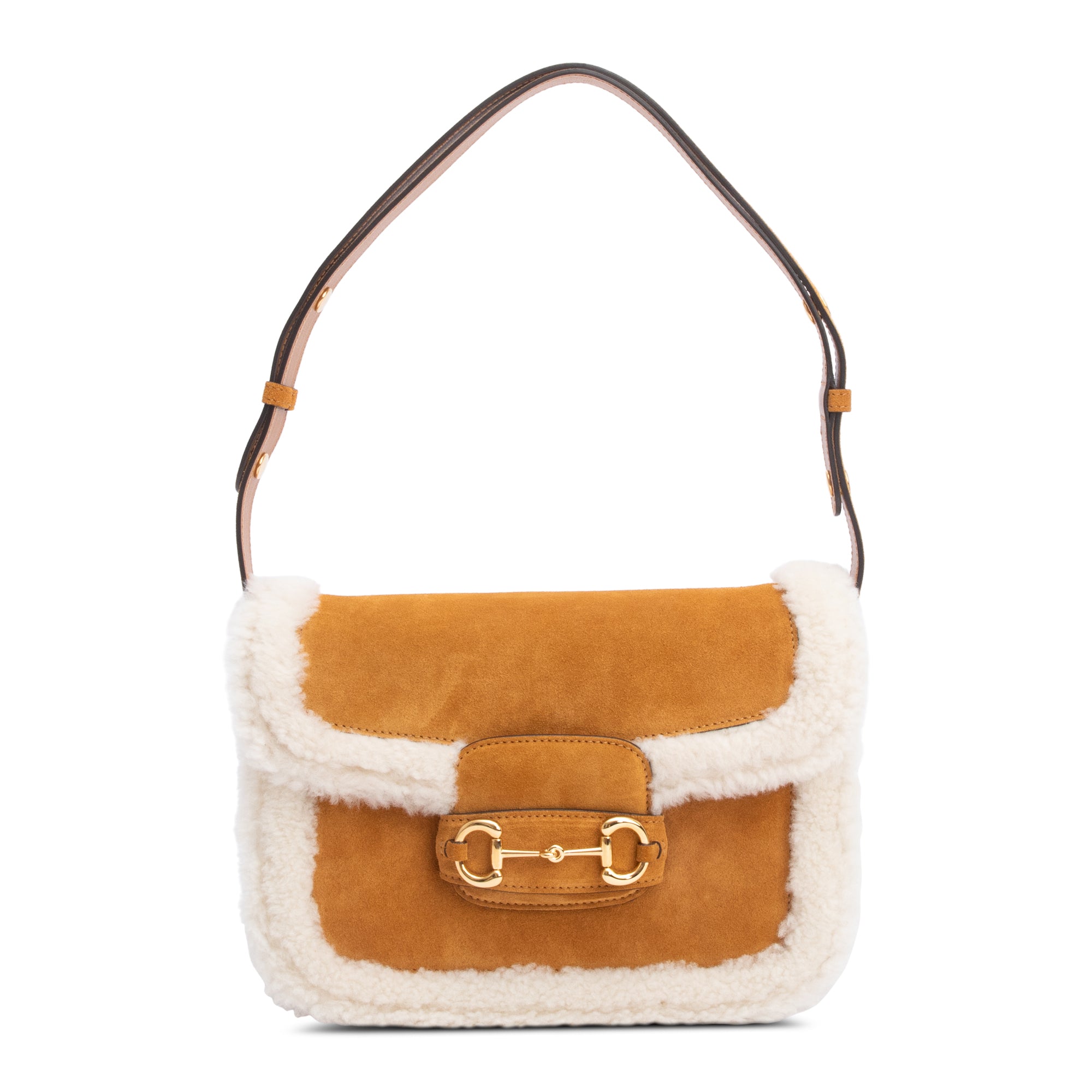 Gucci Beige Suede Shearling Trim Horsebit 1955 Small Shoulder Bag