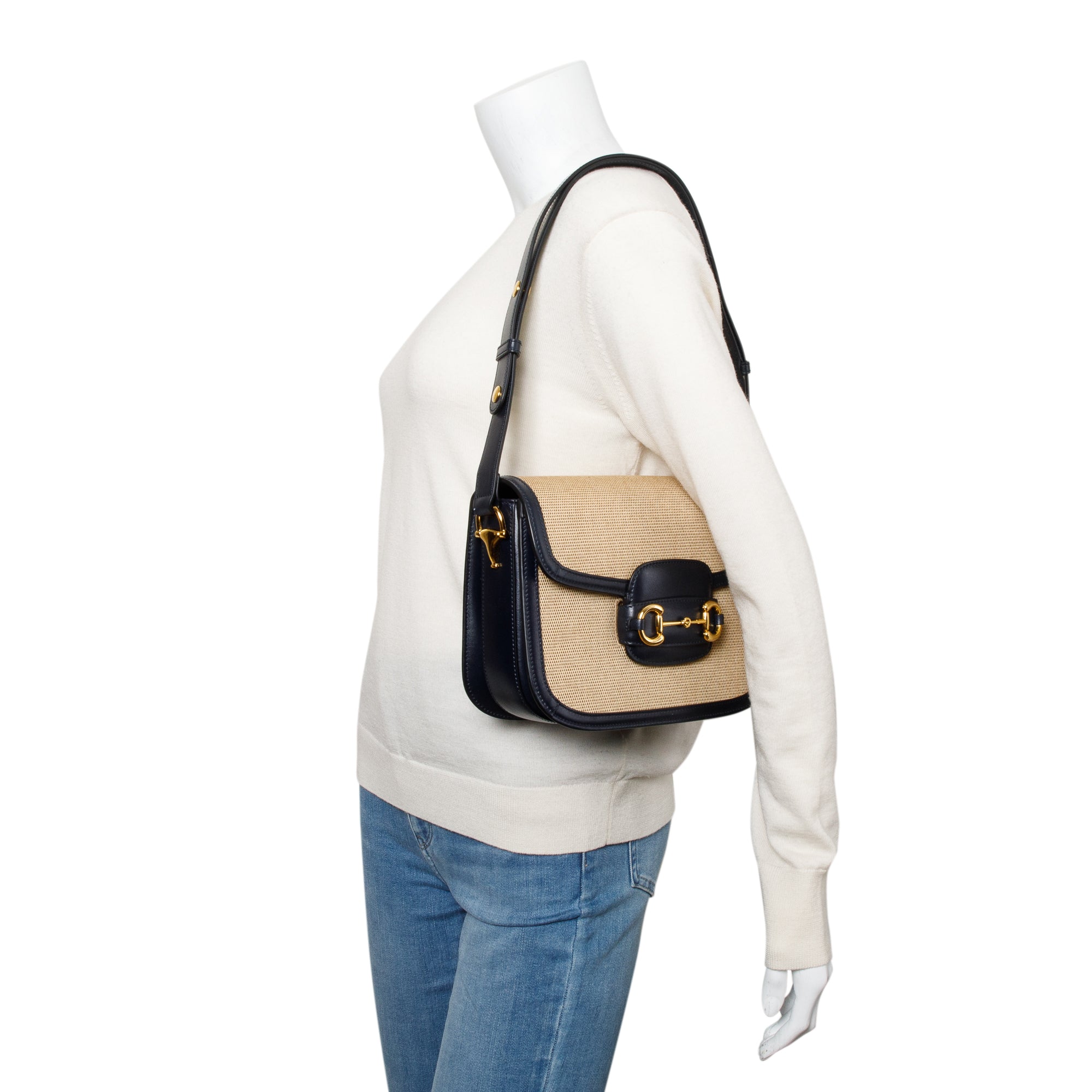 Gucci Beige Vintage Rice Canvas Black Leather Trim Horsebit 1955 Small Shoulder Bag