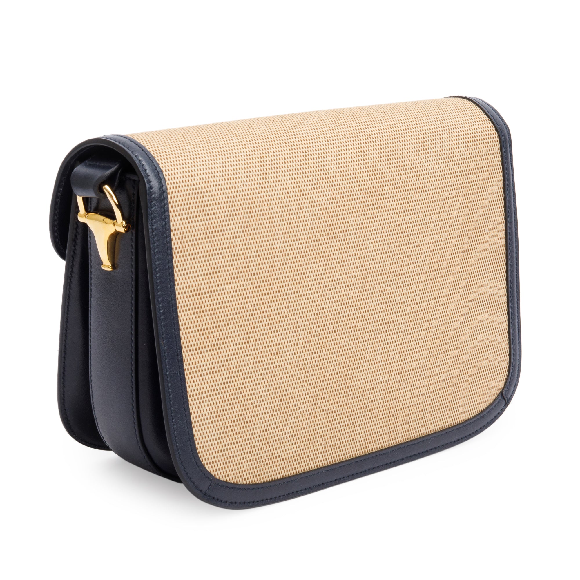 Gucci Beige Vintage Rice Canvas Black Leather Trim Horsebit 1955 Small Shoulder Bag