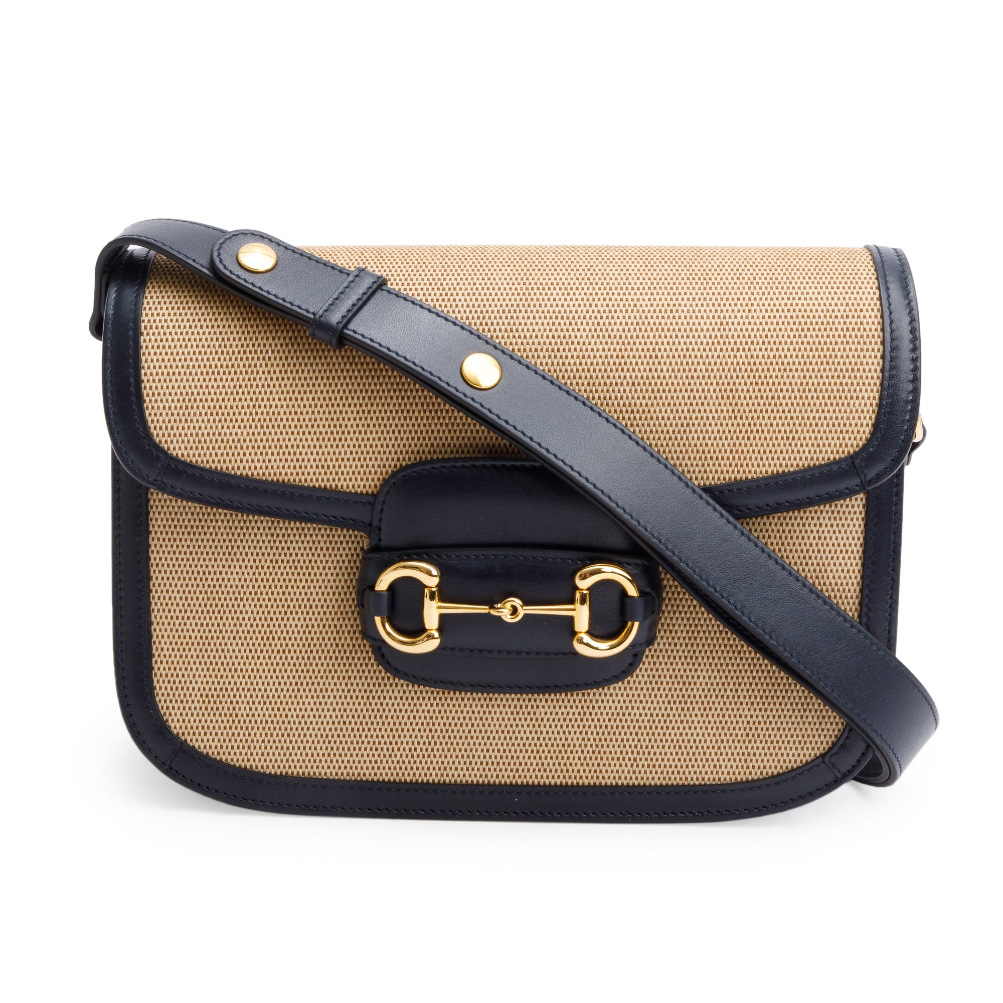 Gucci Beige Vintage Rice Canvas Black Leather Trim Horsebit 1955 Small Shoulder Bag