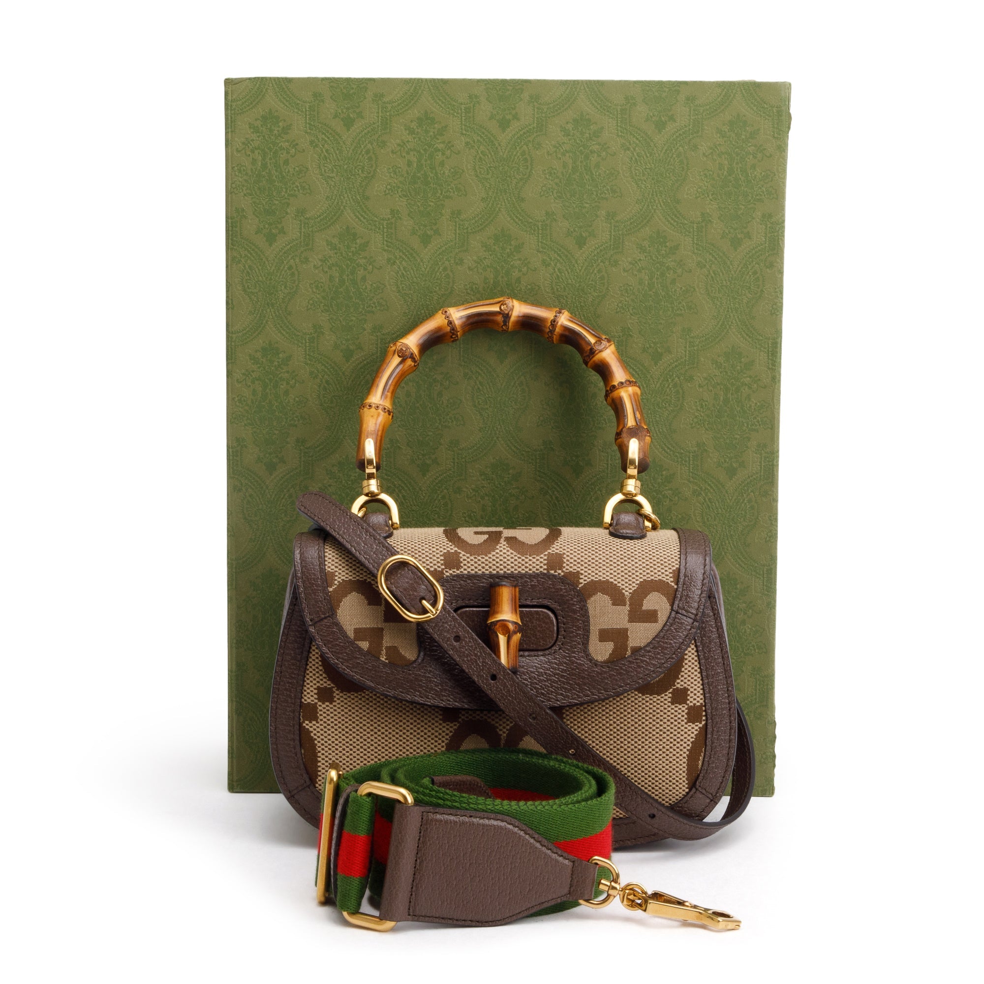 Gucci Beige/Brown Jumbo GG Canvas Bamboo 1947 Small Top Handle Bag w/ Straps & Box