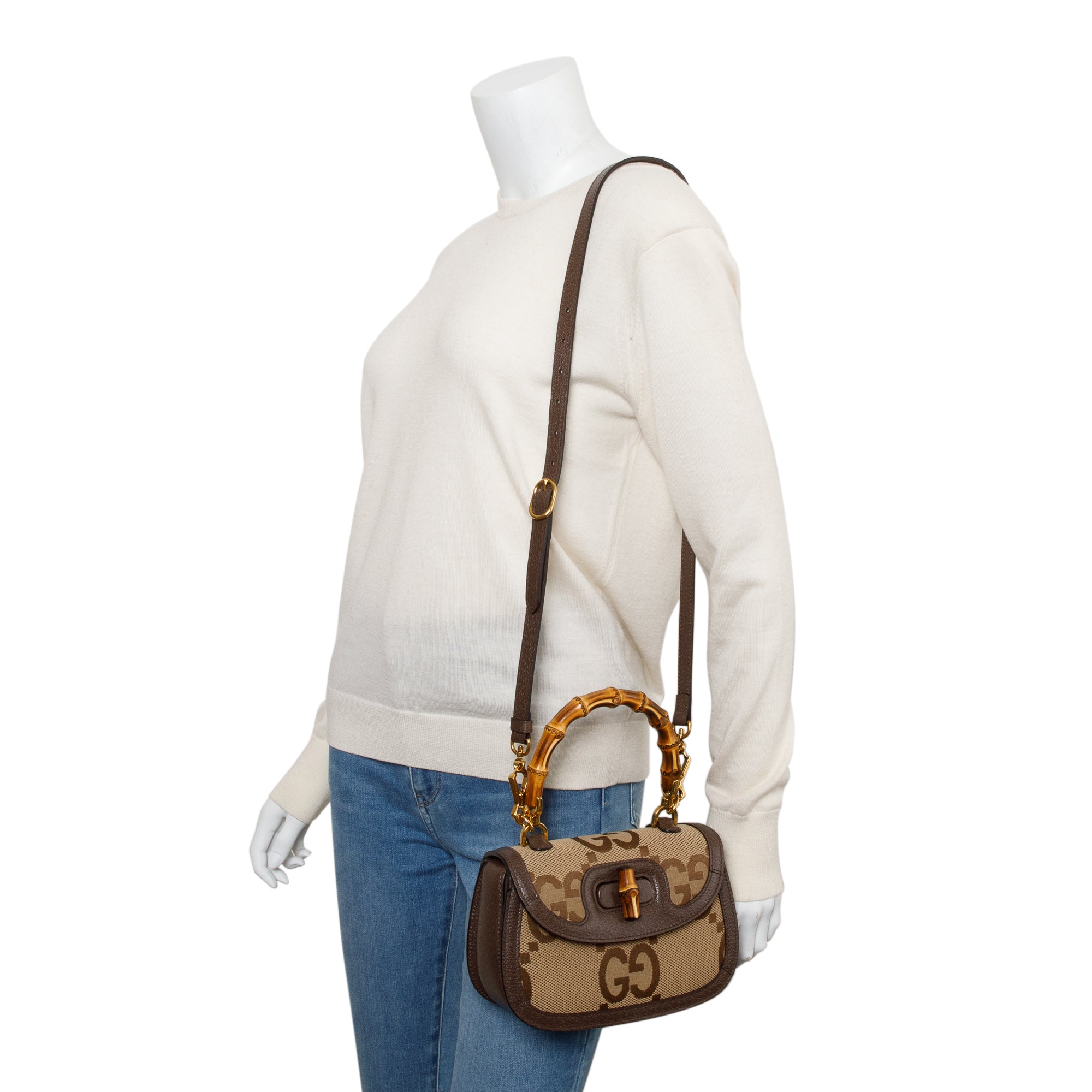 Gucci Beige/Brown Jumbo GG Canvas Bamboo 1947 Small Top Handle Bag w/ Straps & Box