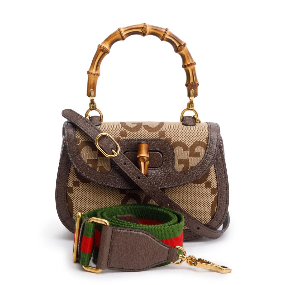 Gucci Beige/Brown Jumbo GG Canvas Bamboo 1947 Small Top Handle Bag