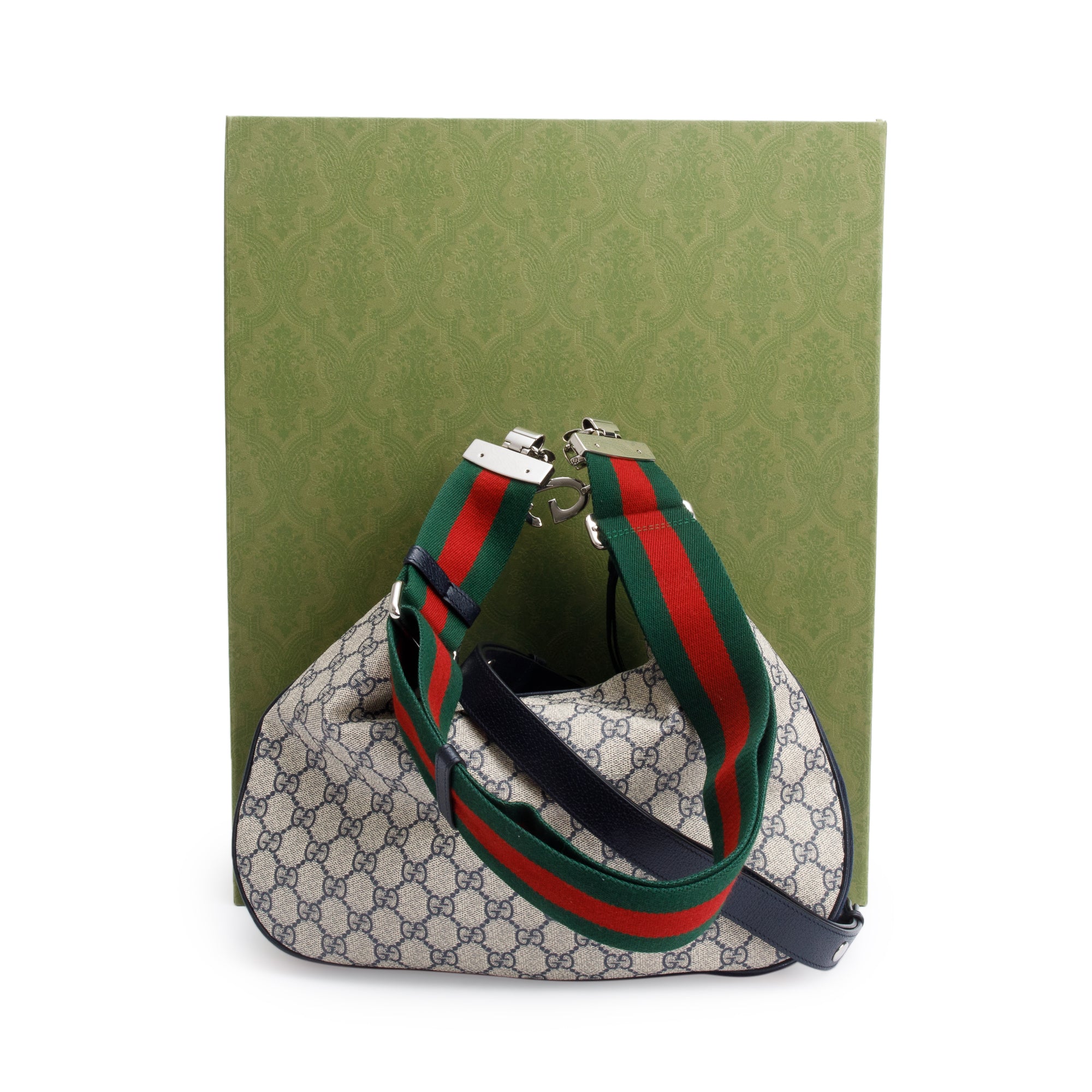Gucci Beige/Navy GG Supreme Web Attache Medium Hobo Bag w/ Box