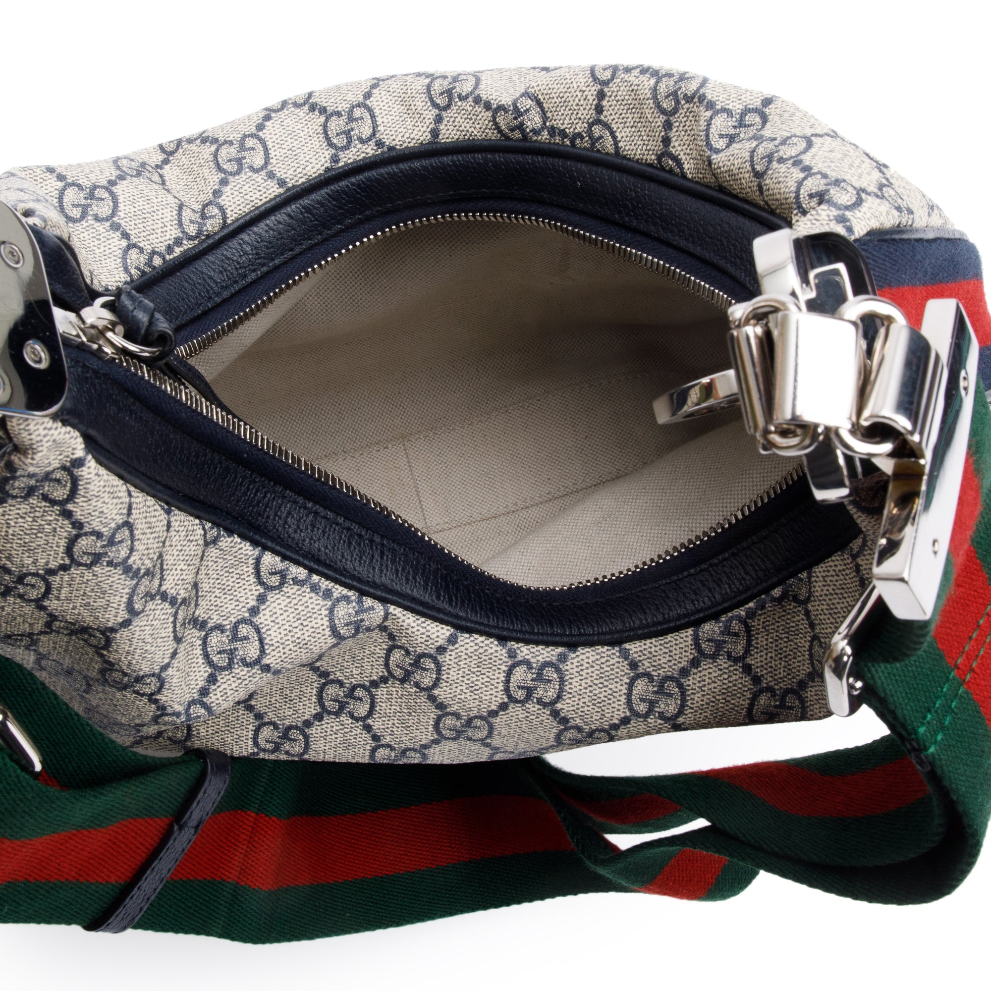 Gucci Beige/Navy GG Supreme Web Attache Medium Hobo Bag w/ Box