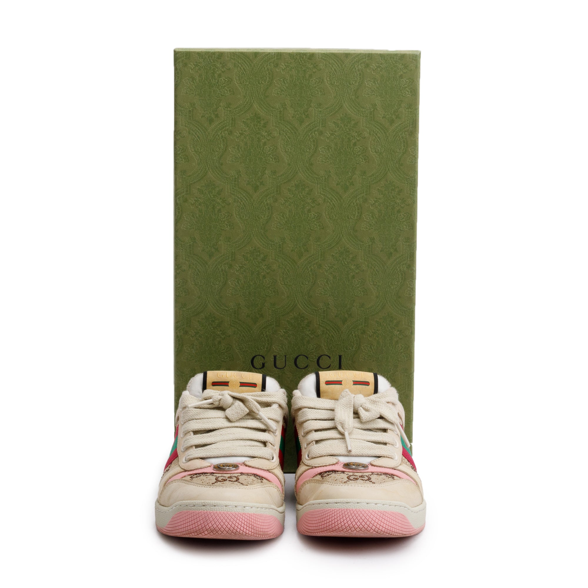 Gucci Beige/Pink Leather Web Canvas Screeners GG Sneakers, Size 37 w/ Box