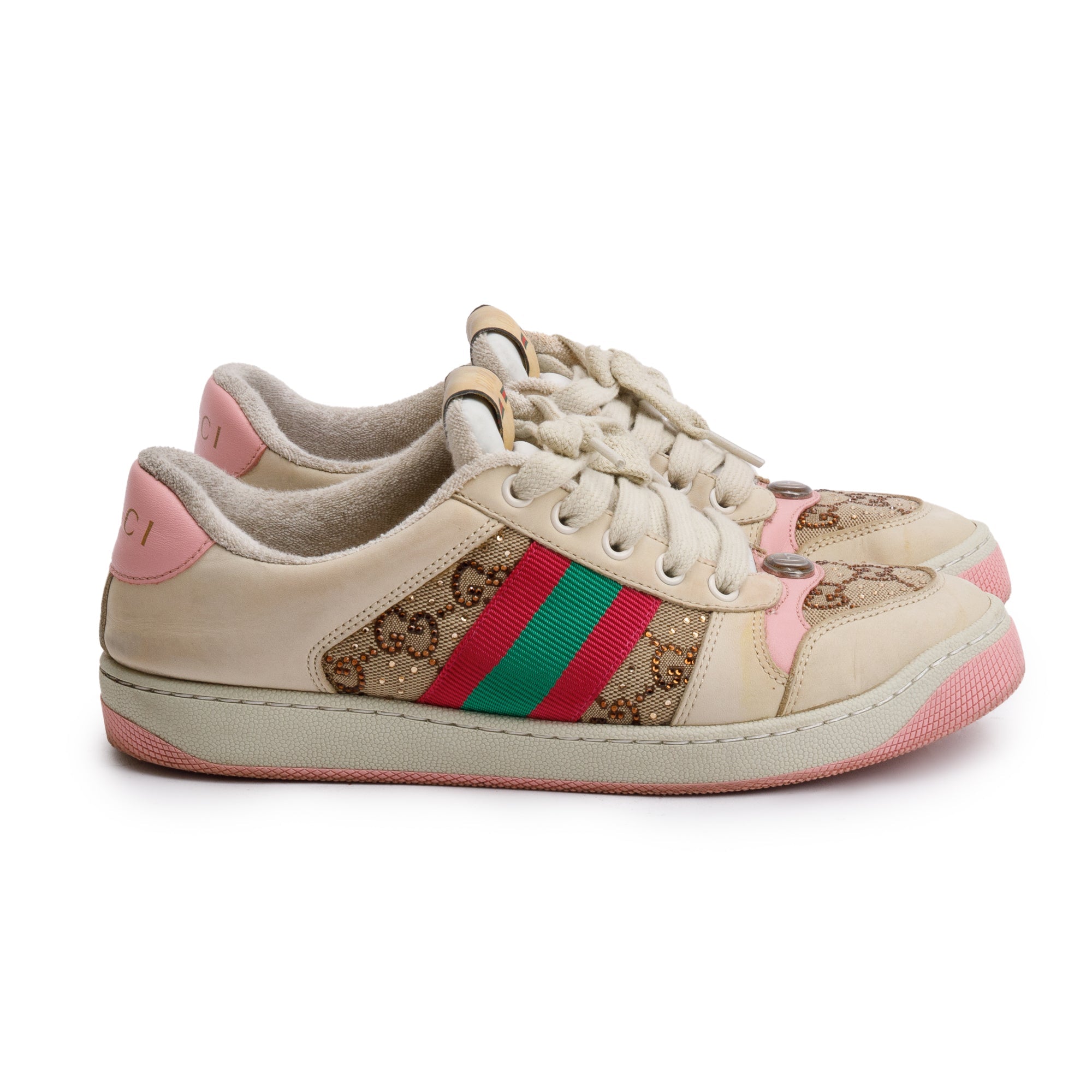 Gucci Beige/Pink Leather Web Canvas Screeners GG Sneakers, Size 37 w/ Box