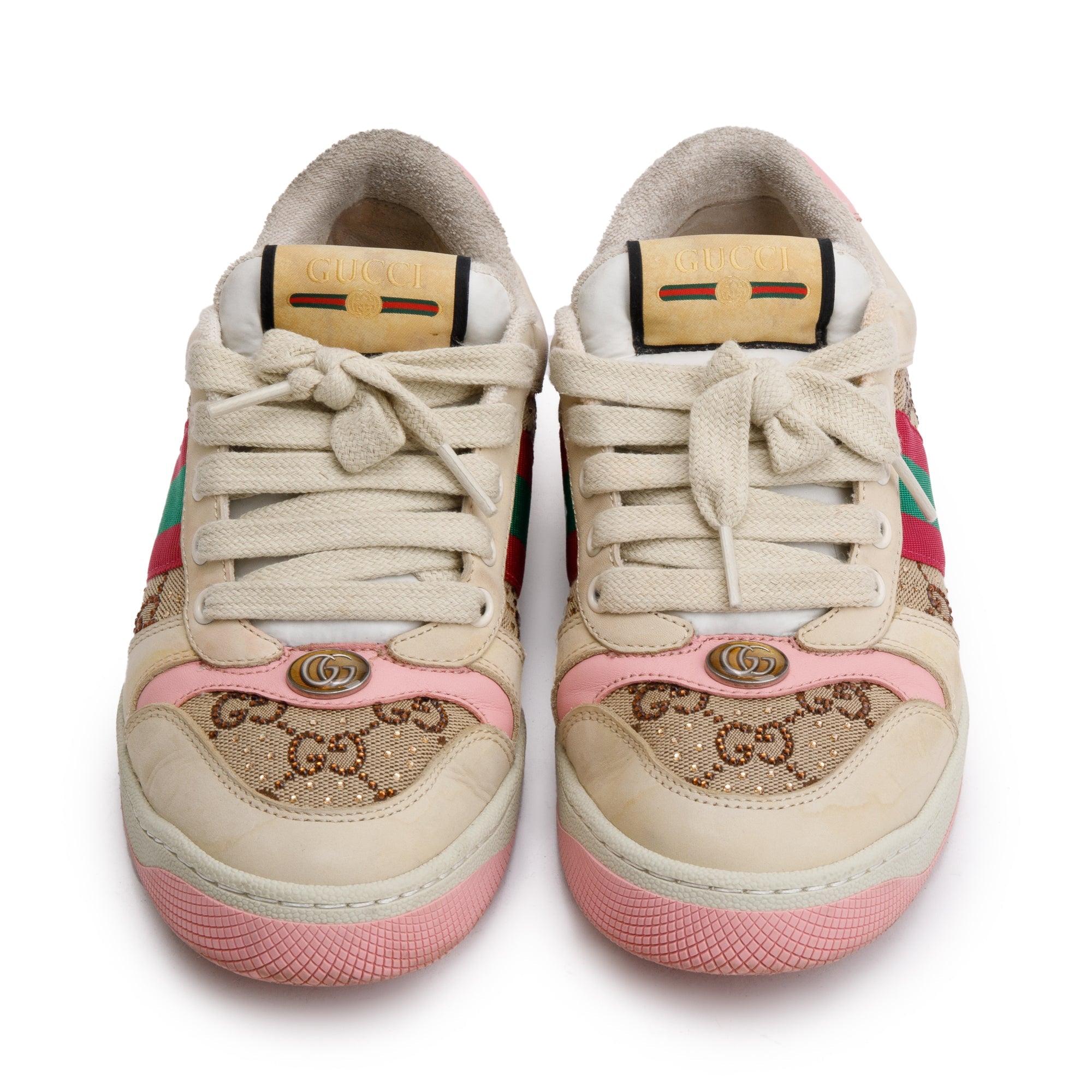 Gucci Beige/Pink Leather Web Canvas Screeners GG Sneakers, Size 37 w/ Box