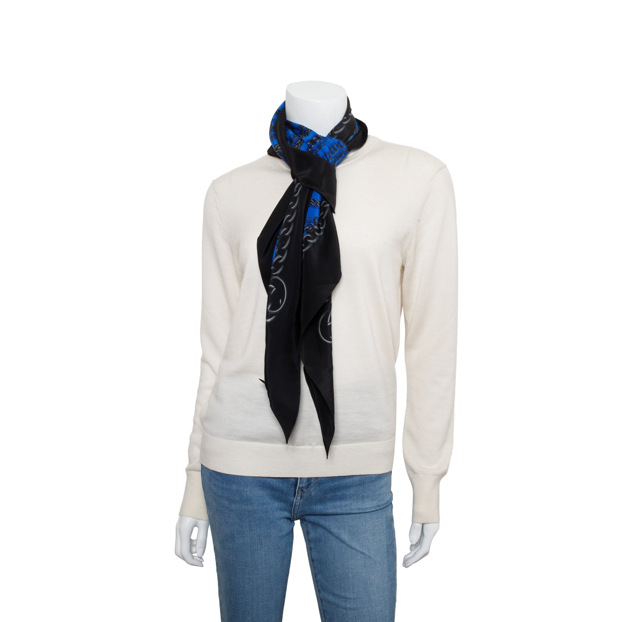 Gucci Black & Blue Chain Link Print Triangle Silk Scarf