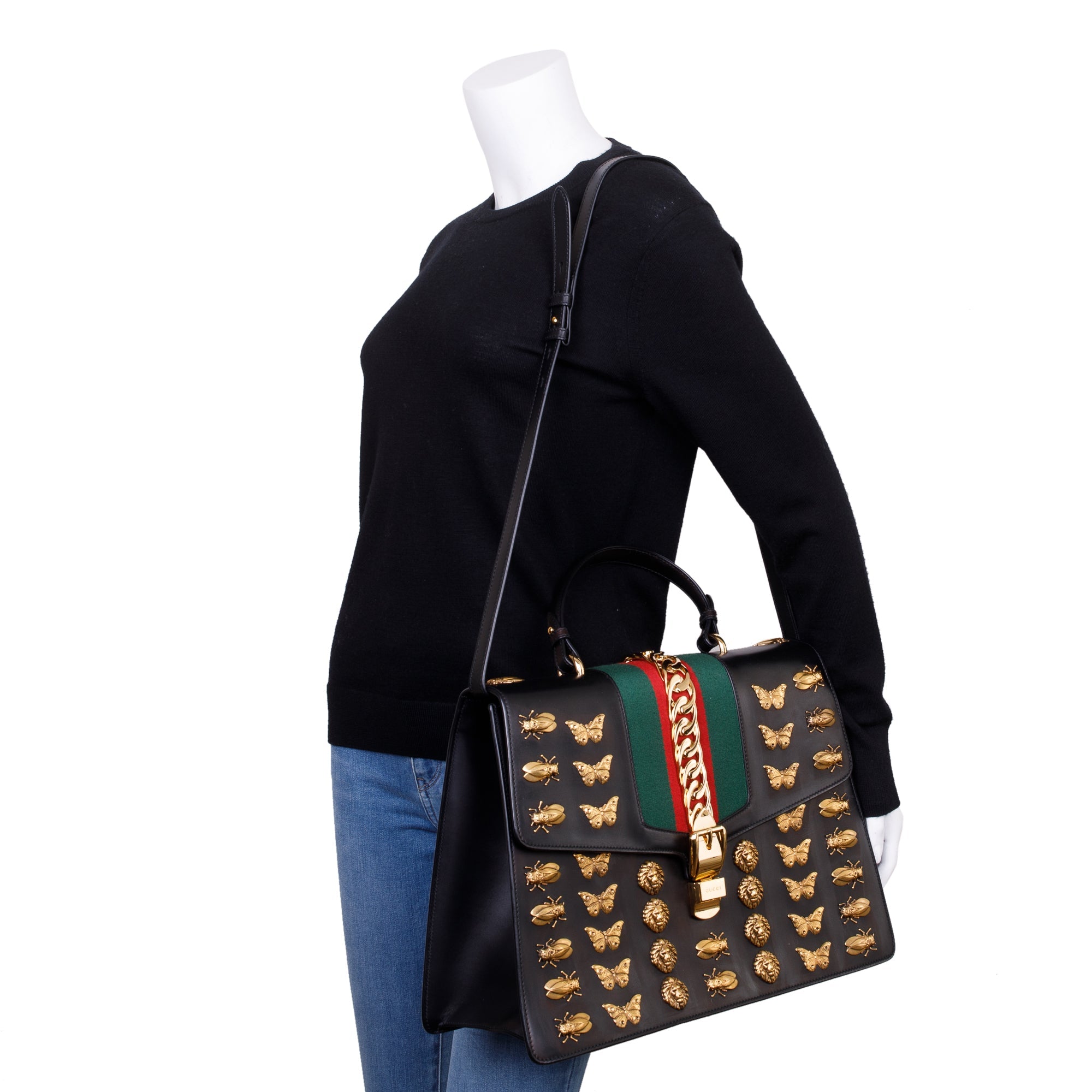 Gucci Black Calfskin Leather Animal Studs Maxi Sylvie Handle Bag w/ Strap