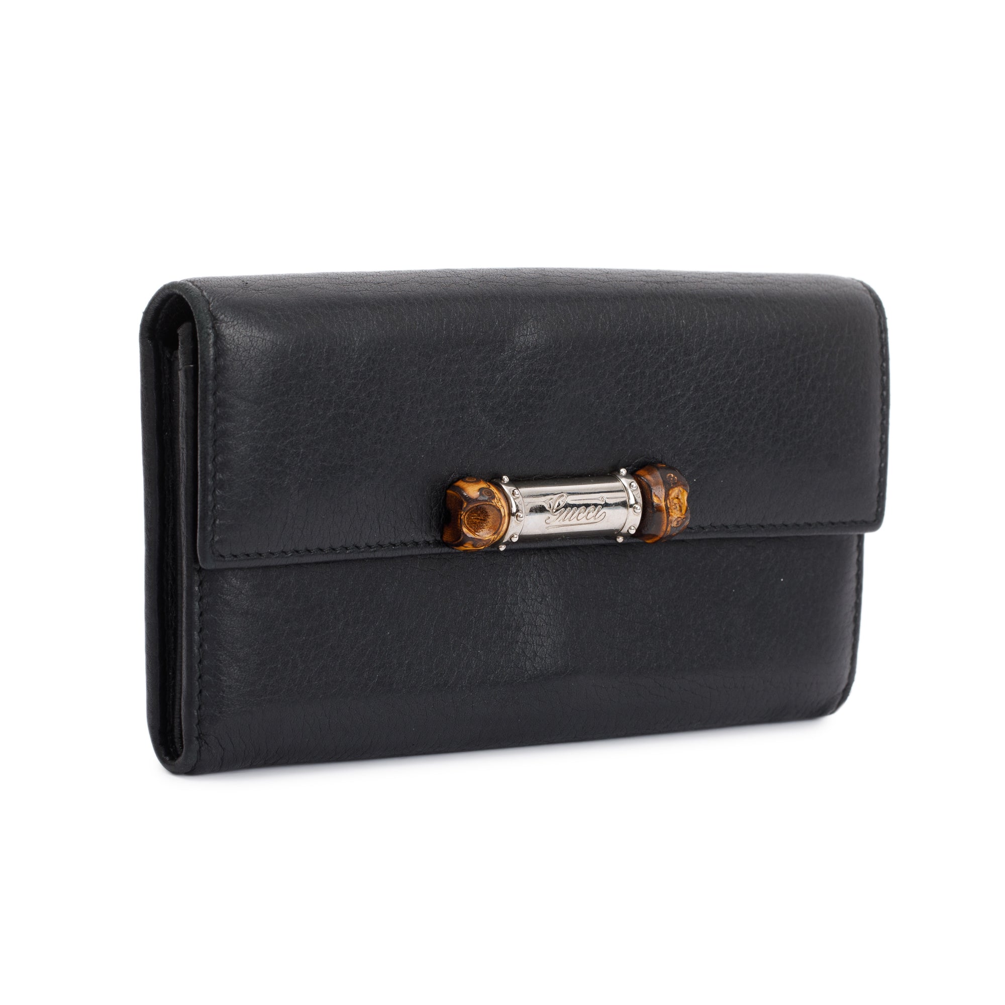 Gucci Black Calfskin Leather Bamboo Flap Continental Wallet