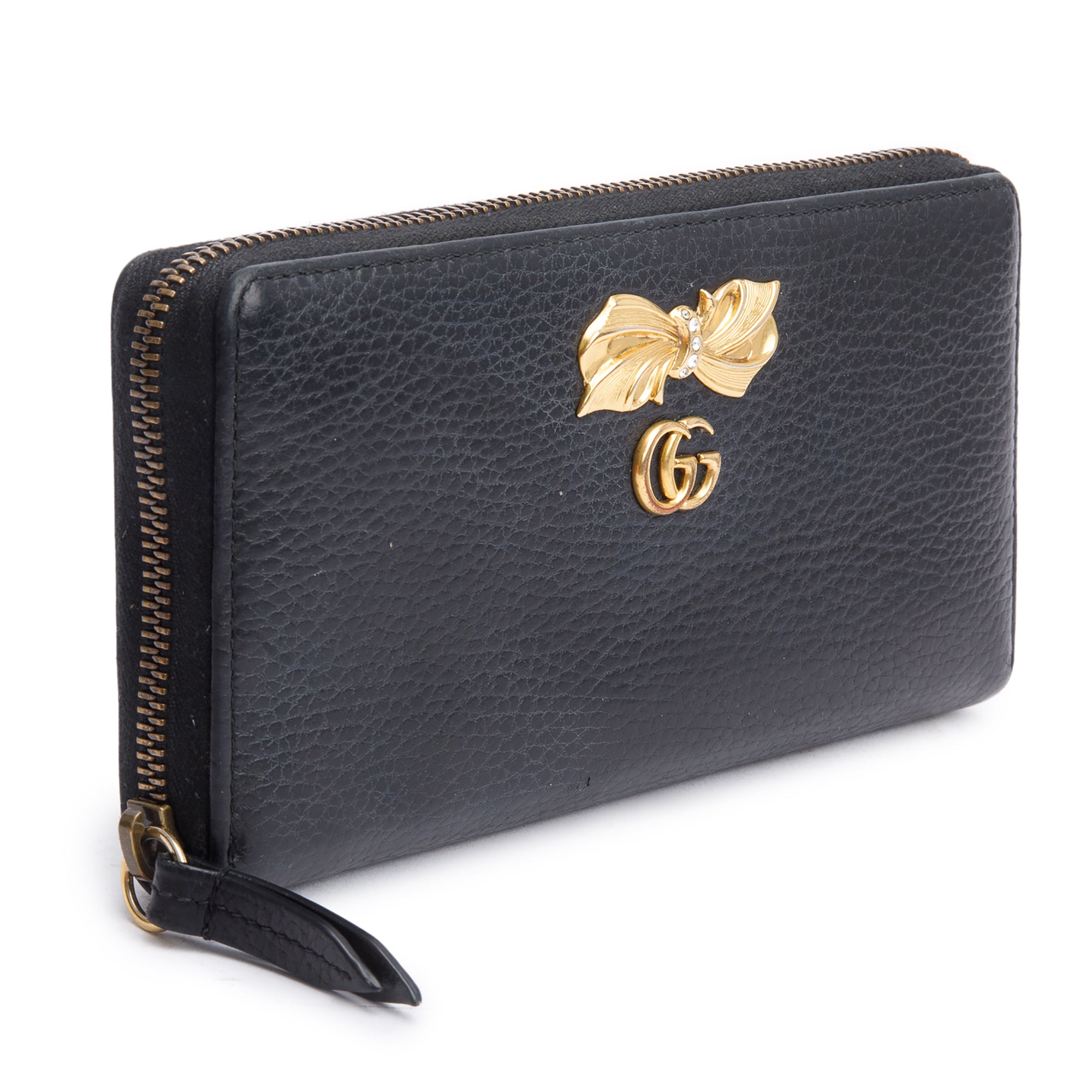 Gucci Black Calfskin Leather GG Marmont Bow Zip Around Wallet w/ Box
