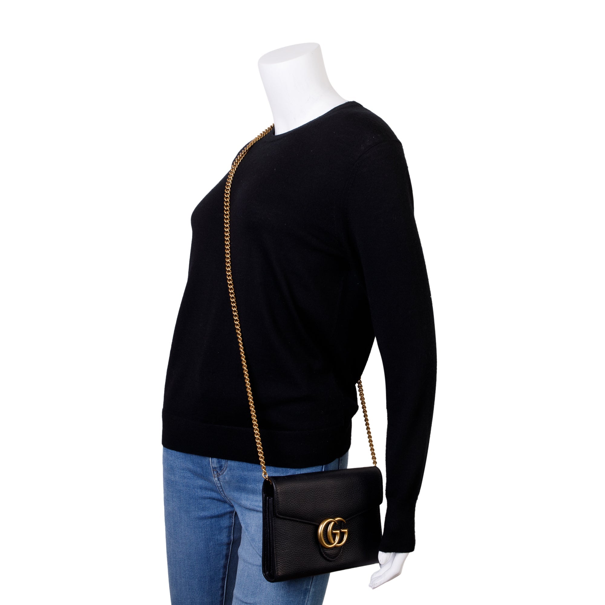 Gucci Black Calfskin Leather GG Marmont Chain Wallet w/ Box