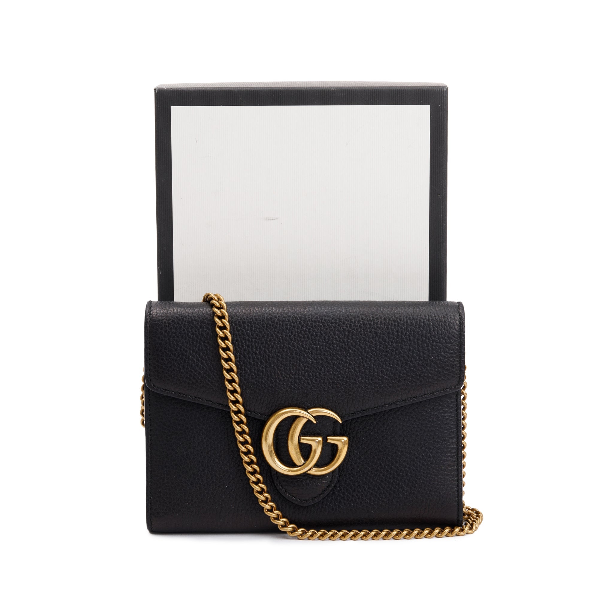Gucci Black Calfskin Leather GG Marmont Chain Wallet w/ Box