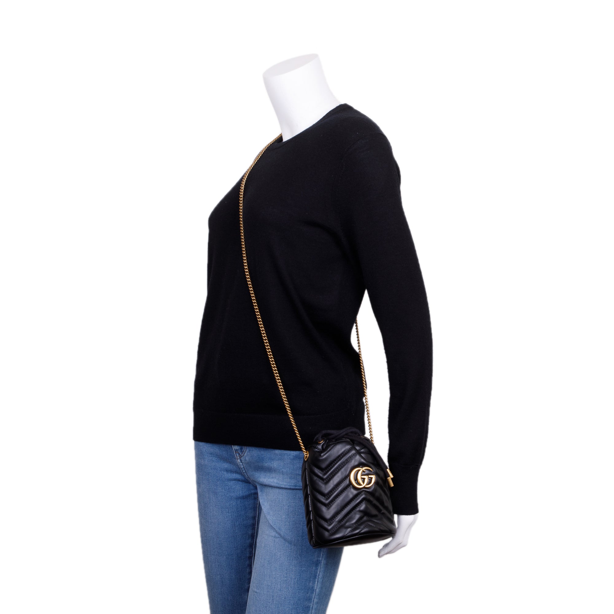 Gucci Black Calfskin Leather GG Marmont Mini Bucket Bag