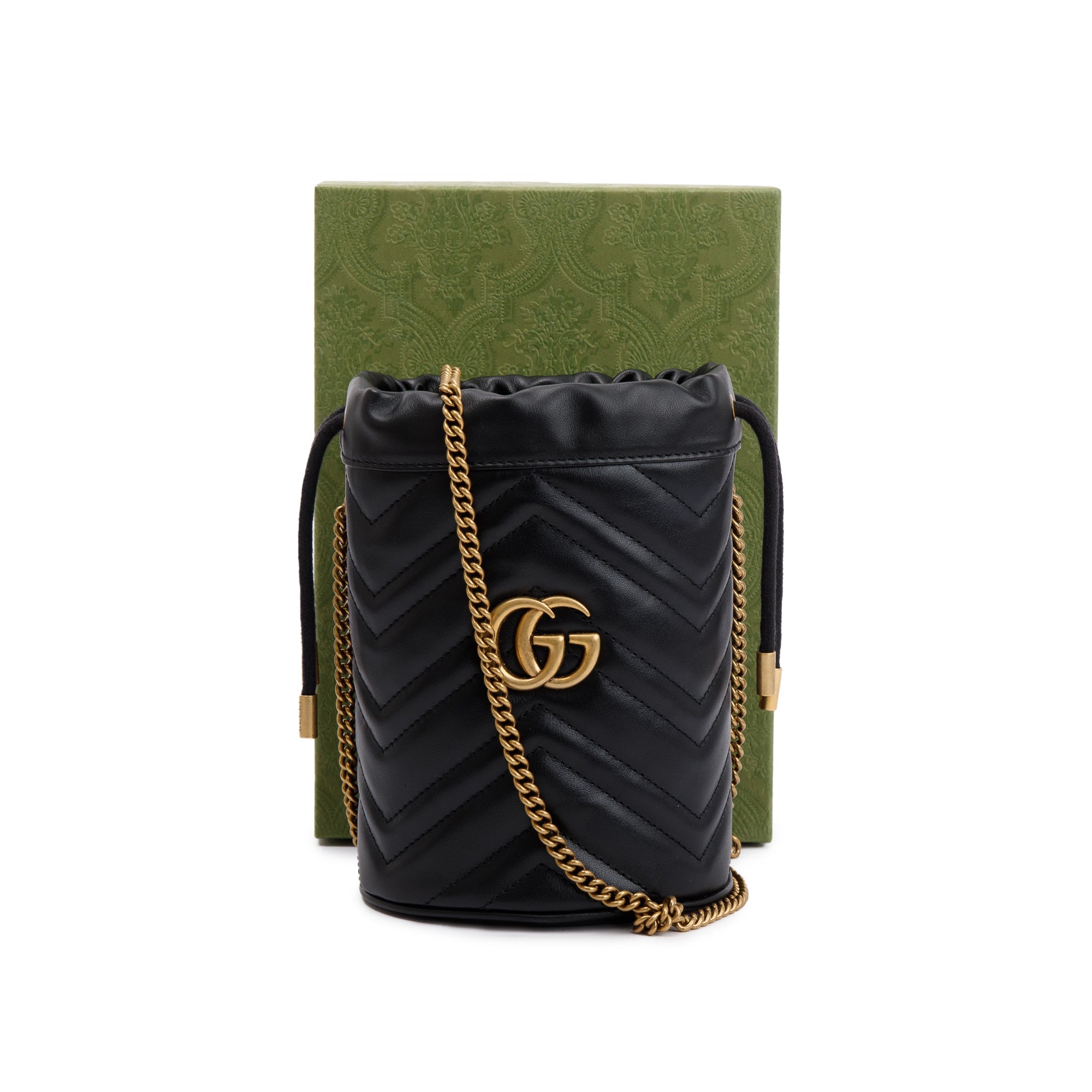 Gucci Black Calfskin Leather GG Marmont Mini Bucket Bag w/ Box