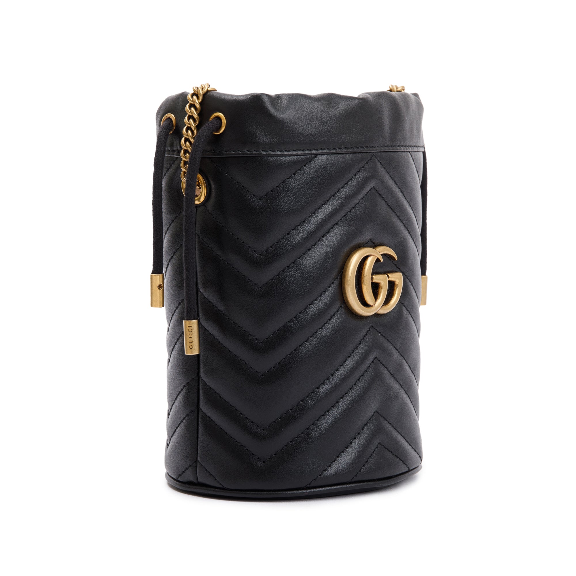 Gucci Black Calfskin Leather GG Marmont Mini Bucket Bag w/ Box